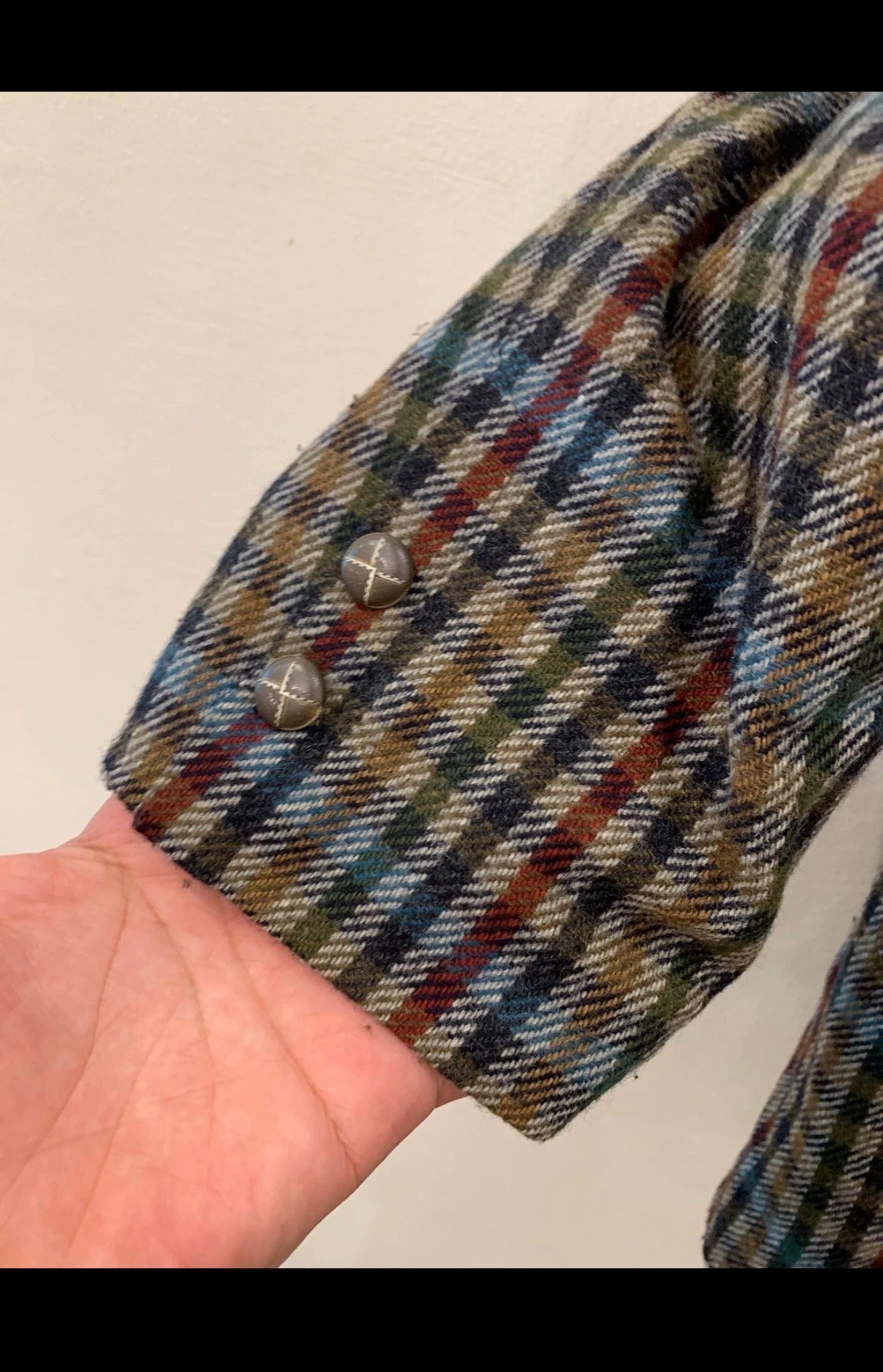 Vintage wool cashmere blend classic plaid double breasted jacket blazer 14 L 44