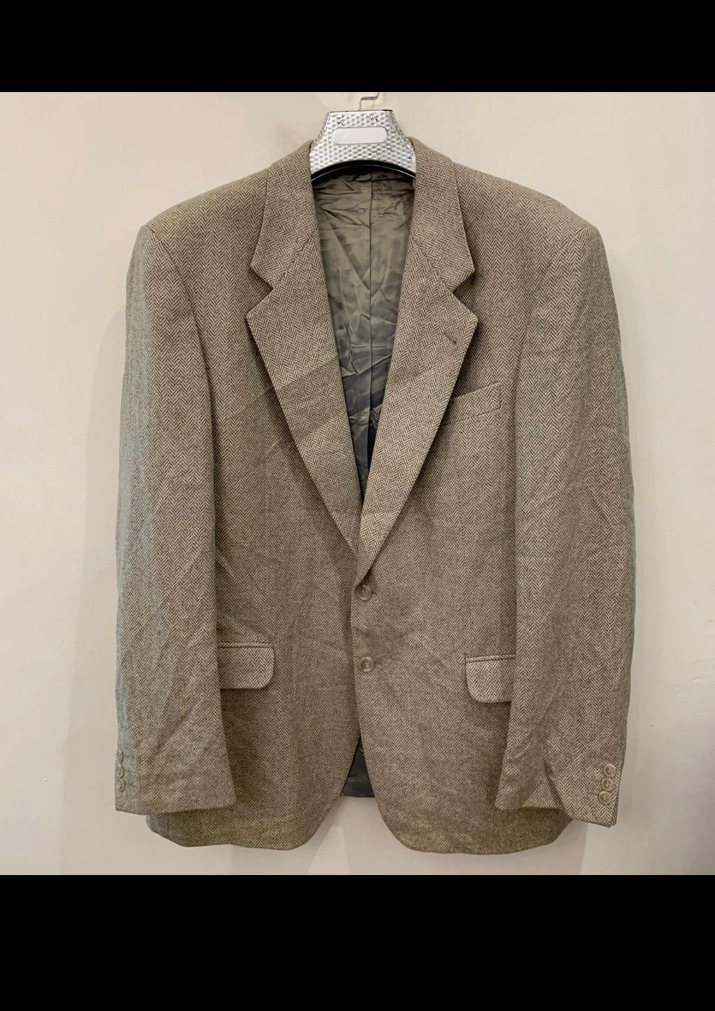 Vintage Wool Cashmere herringbone beige classic jacket blazer 44L