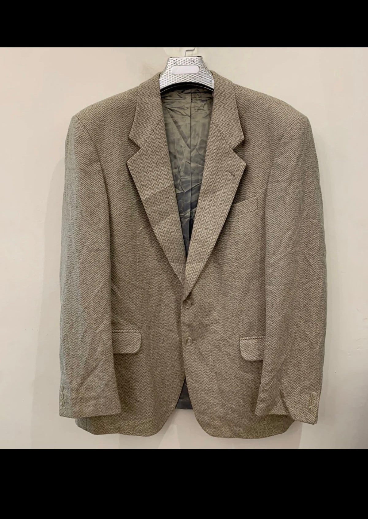 Vintage Wool Cashmere herringbone beige classic jacket blazer 44L