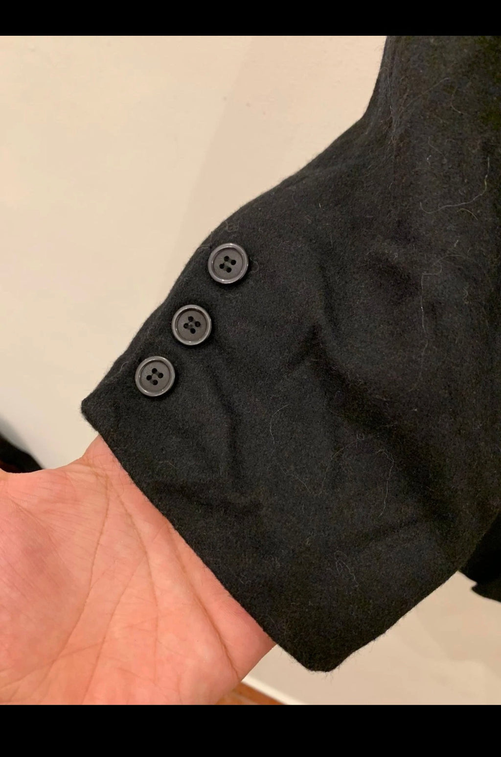 Classic style wool blend double breasted belted black over coat 42R 42L