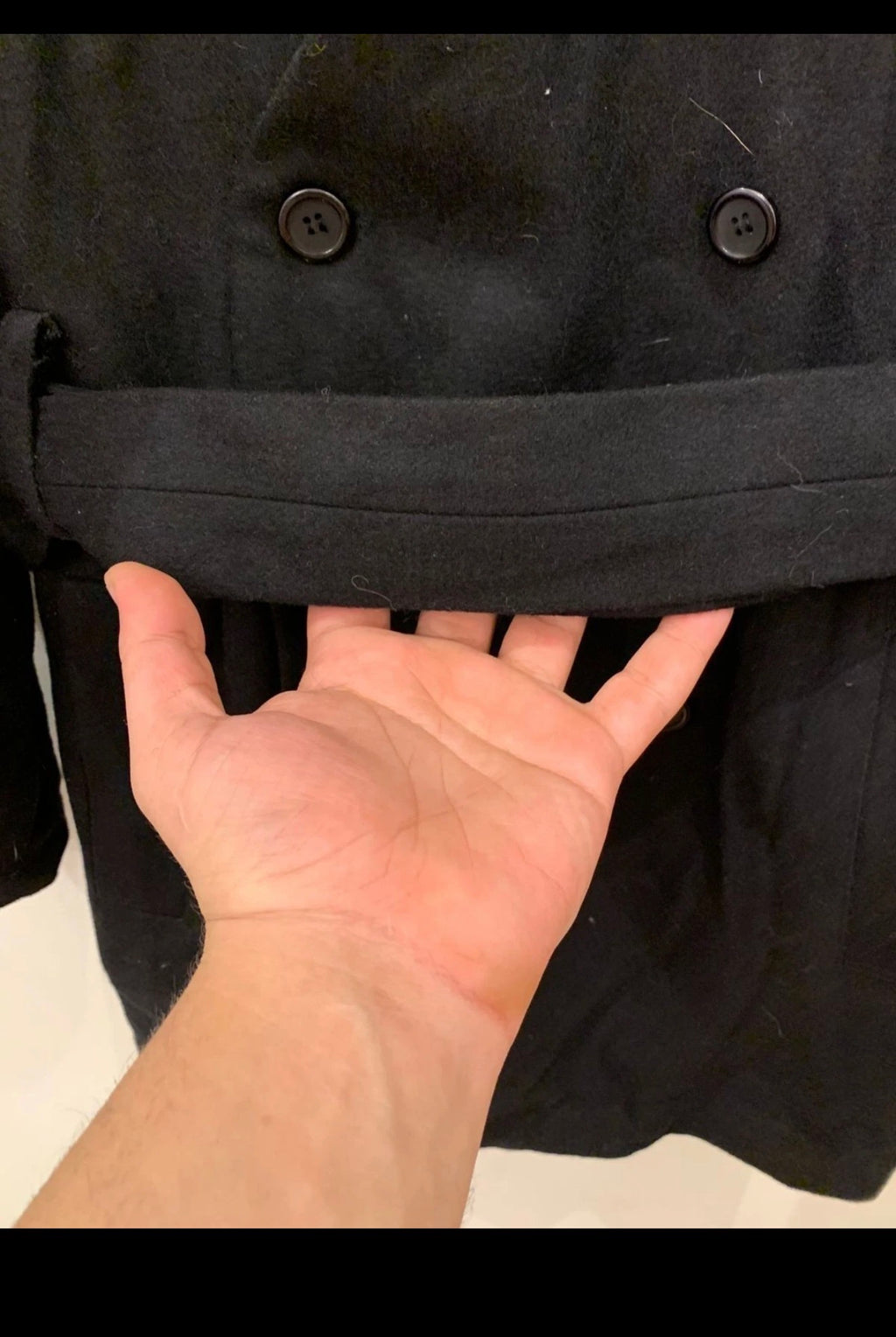 Classic style wool blend double breasted belted black over coat 42R 42L