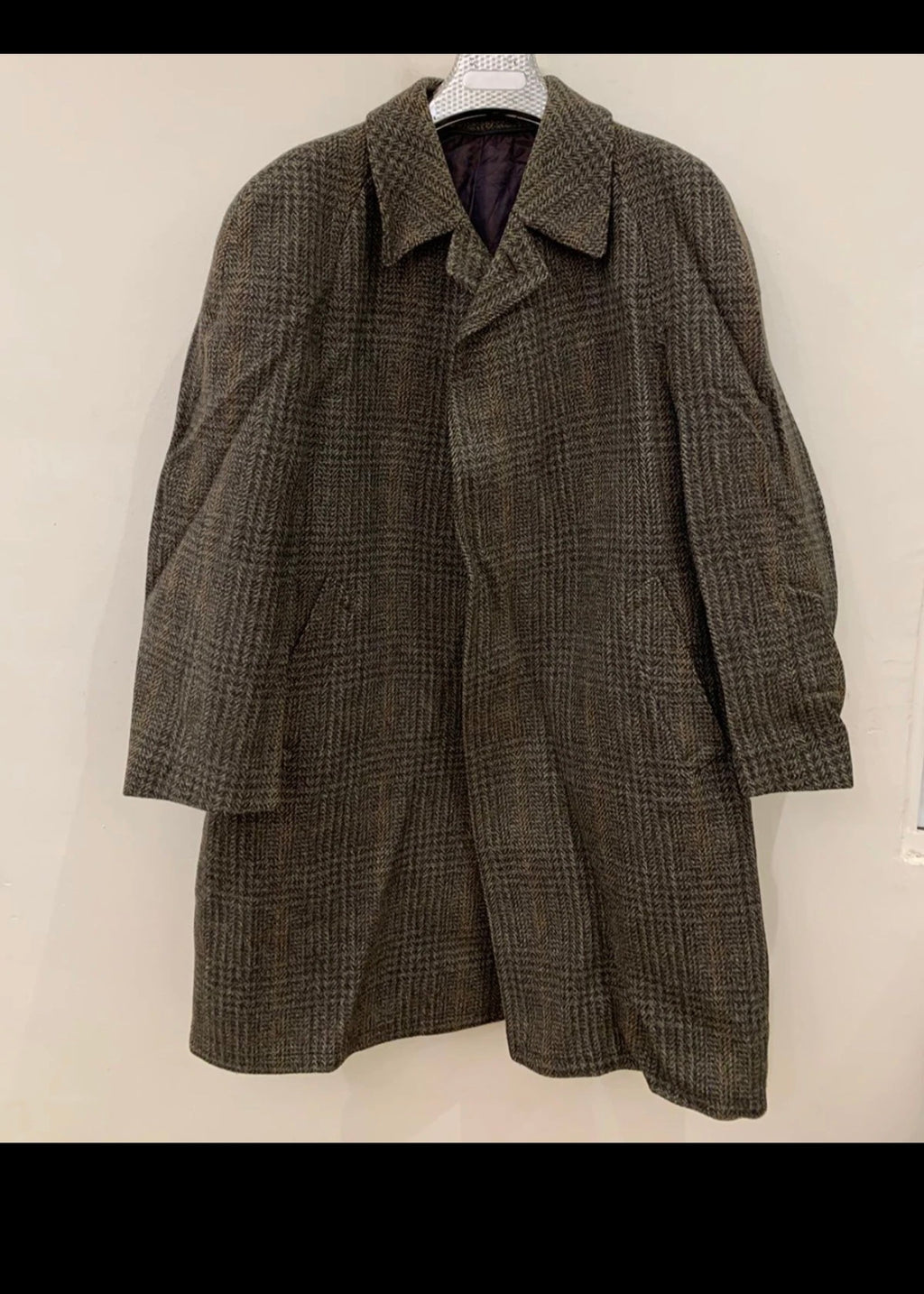 1970s Vintage pure wool Tweed glen check classic raglan over coat 48R XL