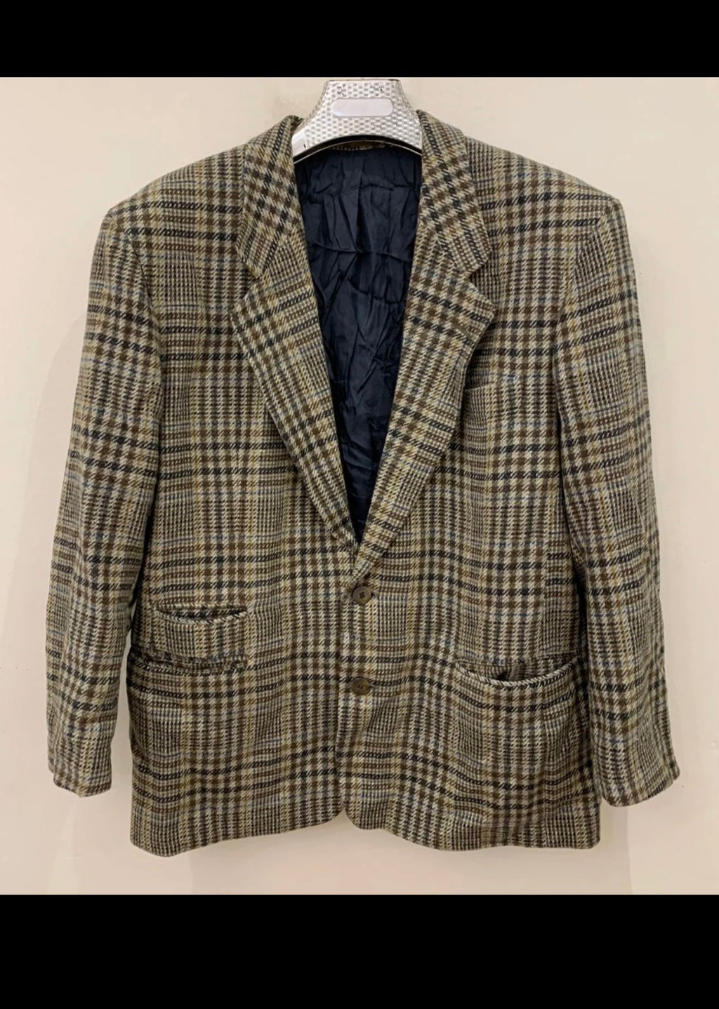 Vintage pure wool tweed glen check brownish classic hunting jacket blazer 44R