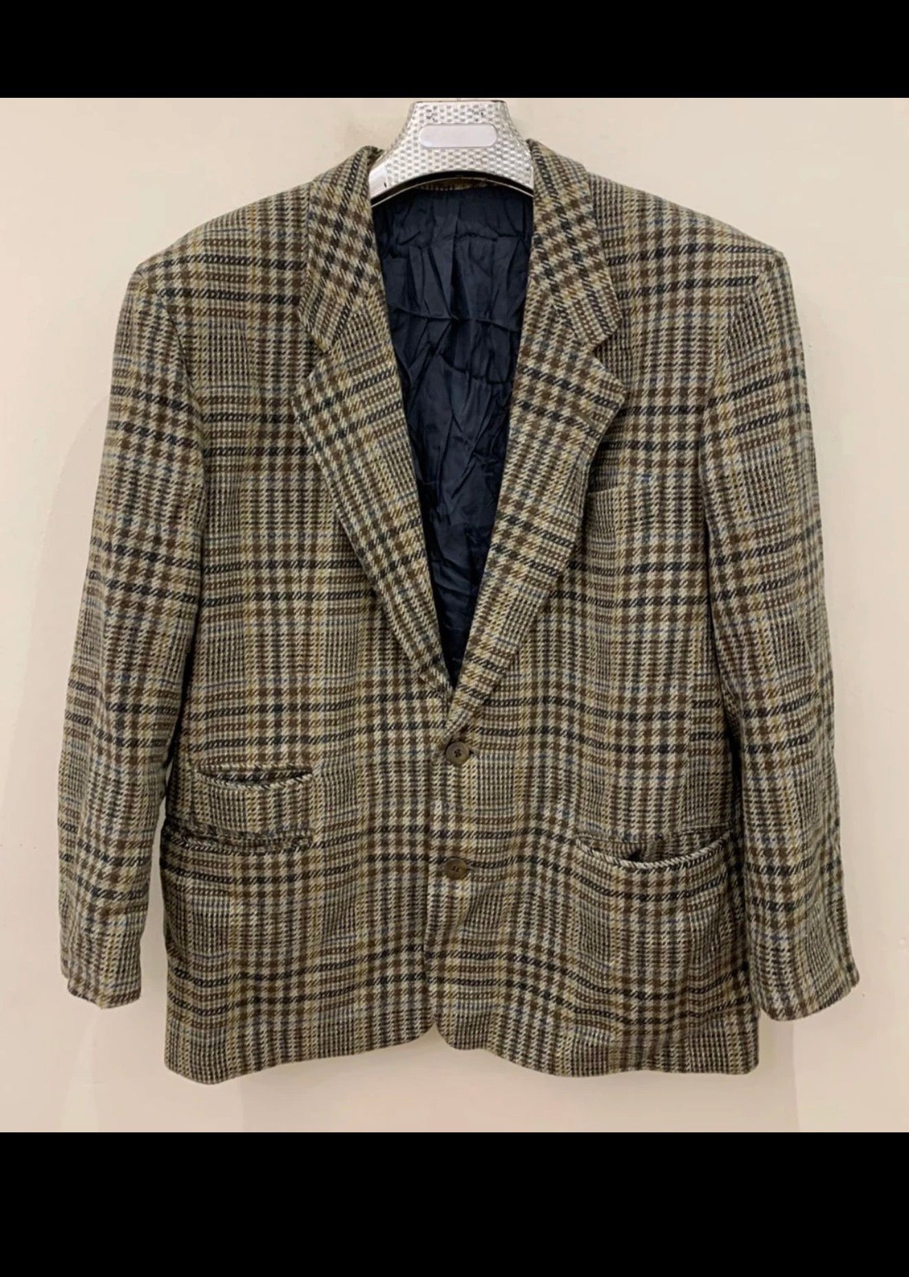 Vintage pure wool tweed glen check brownish classic hunting jacket blazer 44R
