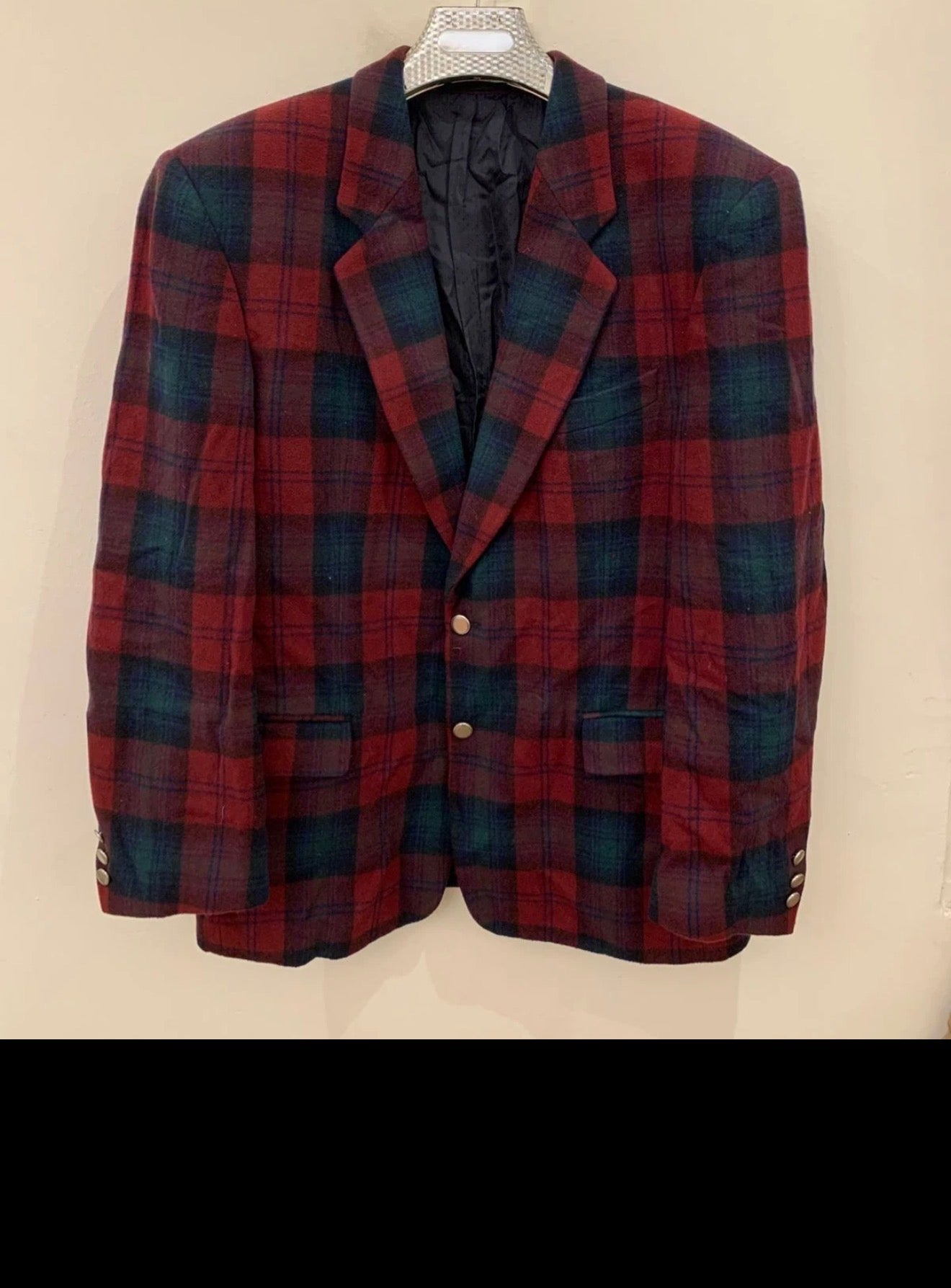 Vintage wool blend plaid silver button red green navy jacket blazer 44R 44L