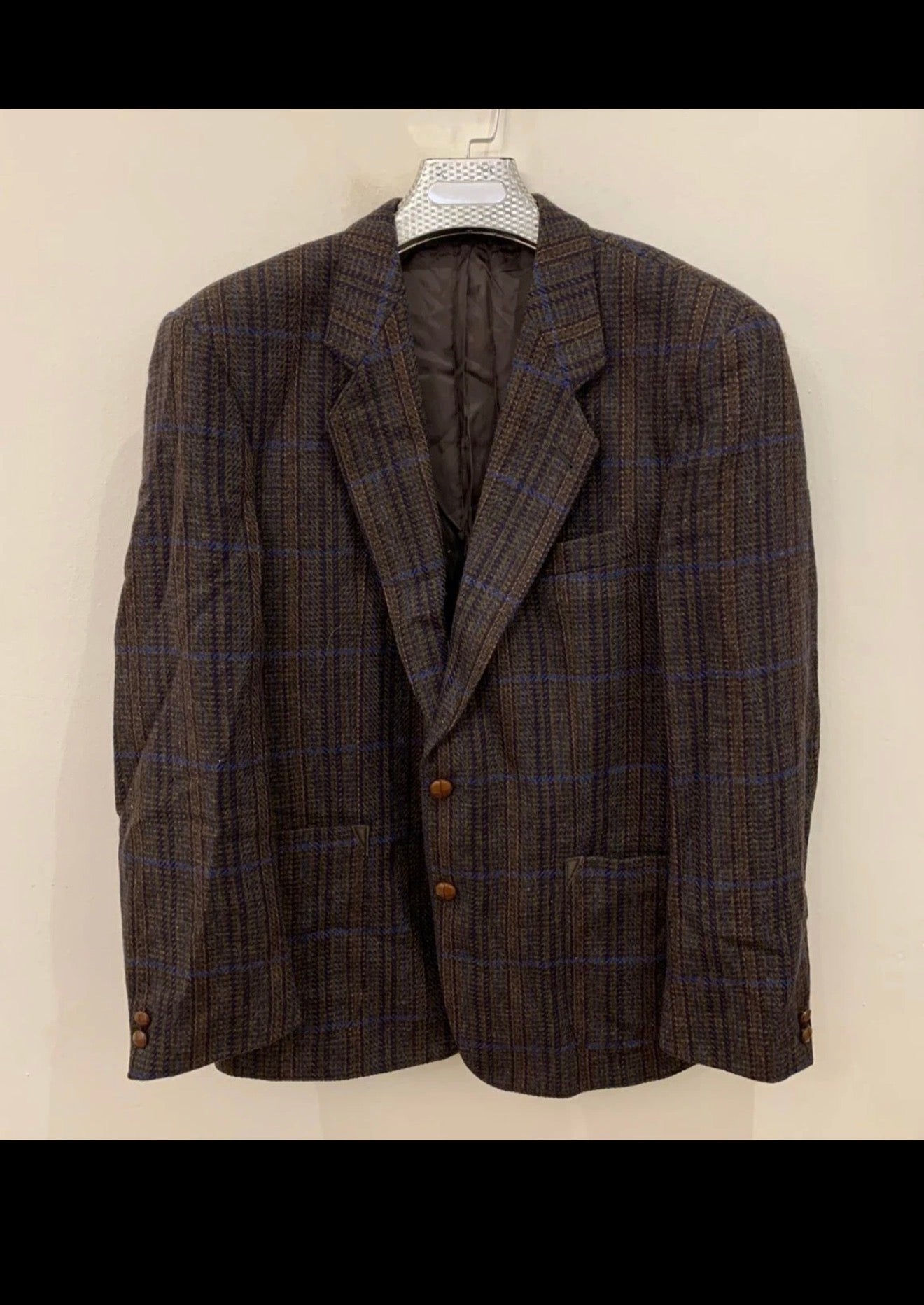 Vintage pure wool tweed camouflage plaid brown classic jacket blazer 42R