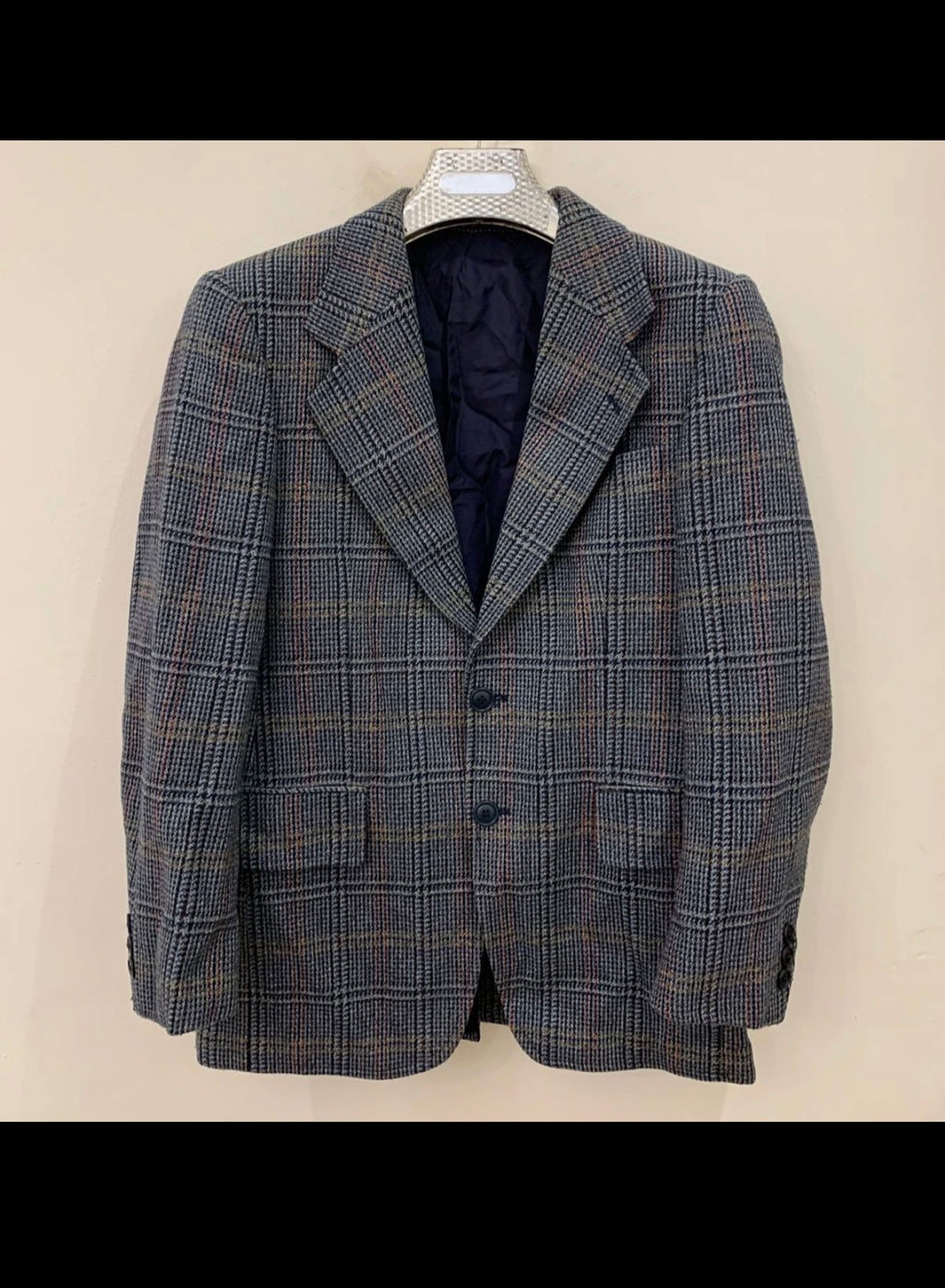 1970s Vintage wool blend glen check classic blue jacket blazer 38R