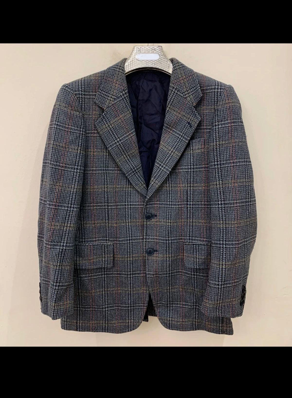 1970s Vintage wool blend glen check classic blue jacket blazer 38R