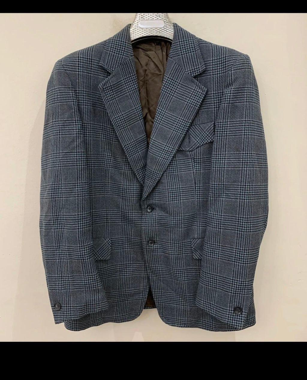 1970s Vintage wool blend glen check classic blue suit jacket blazer 40R