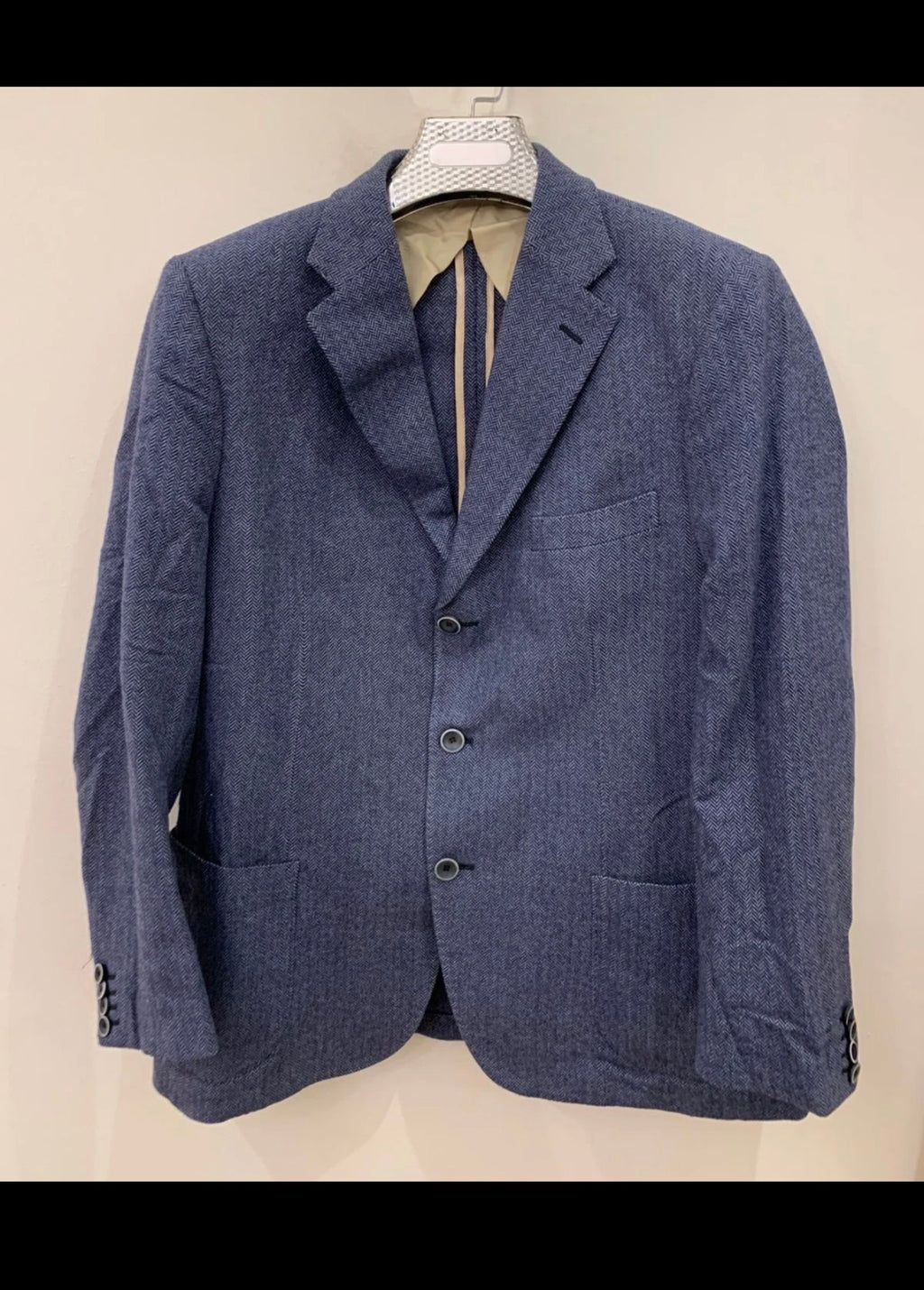 Classic Flannel Bay Napoli pure wool herringbone blue jacket blazer 42R