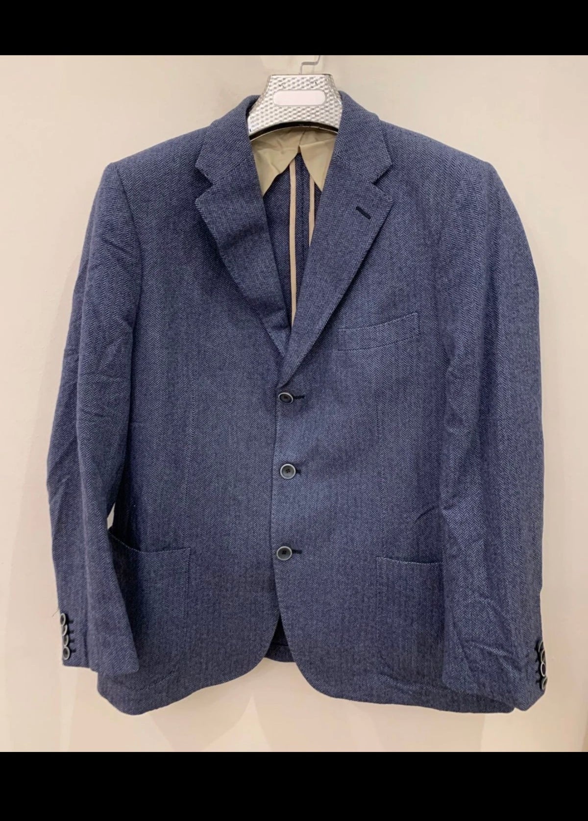 Classic Flannel Bay Napoli pure wool herringbone blue jacket blazer 42R