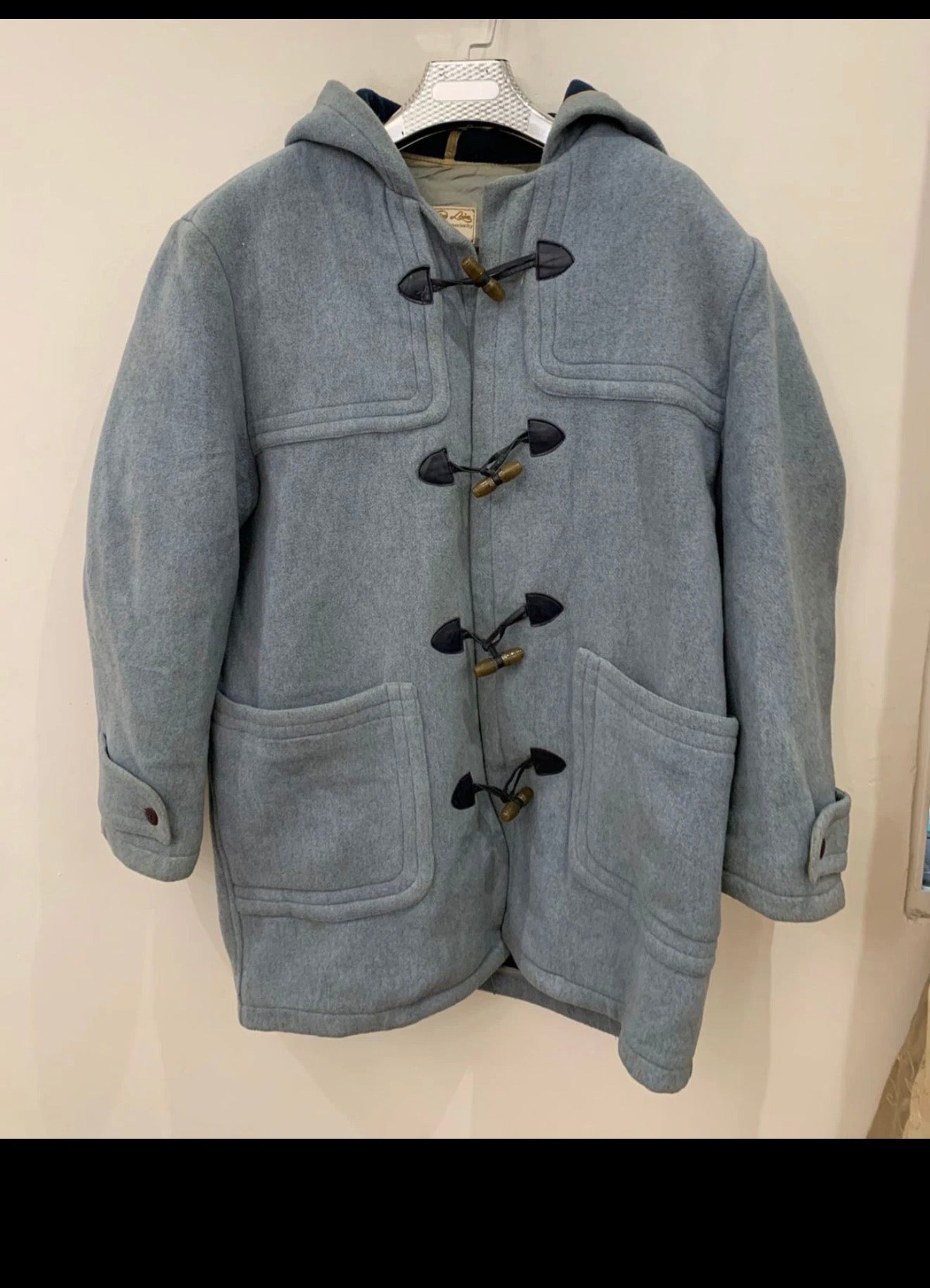 Vintage wool blend classic Blue hood toggle Duffle coat 48R XL