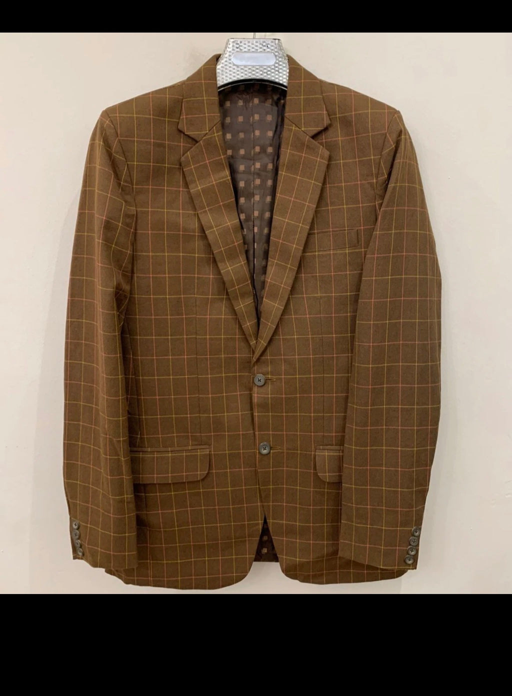 Vintage worsted wool Windowpane plaid brown classic jacket blazer 36R 36L