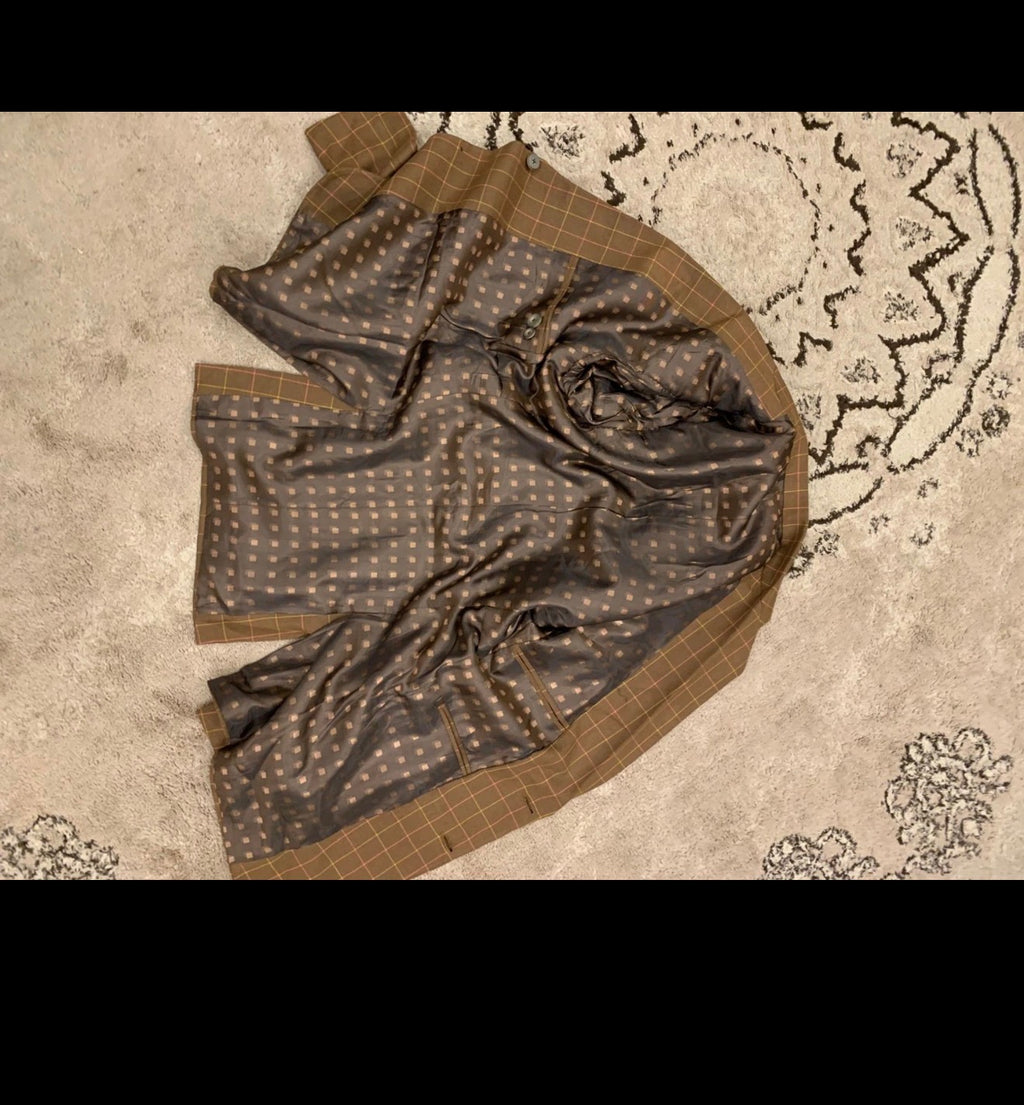 Vintage worsted wool Windowpane plaid brown classic jacket blazer 36R 36L