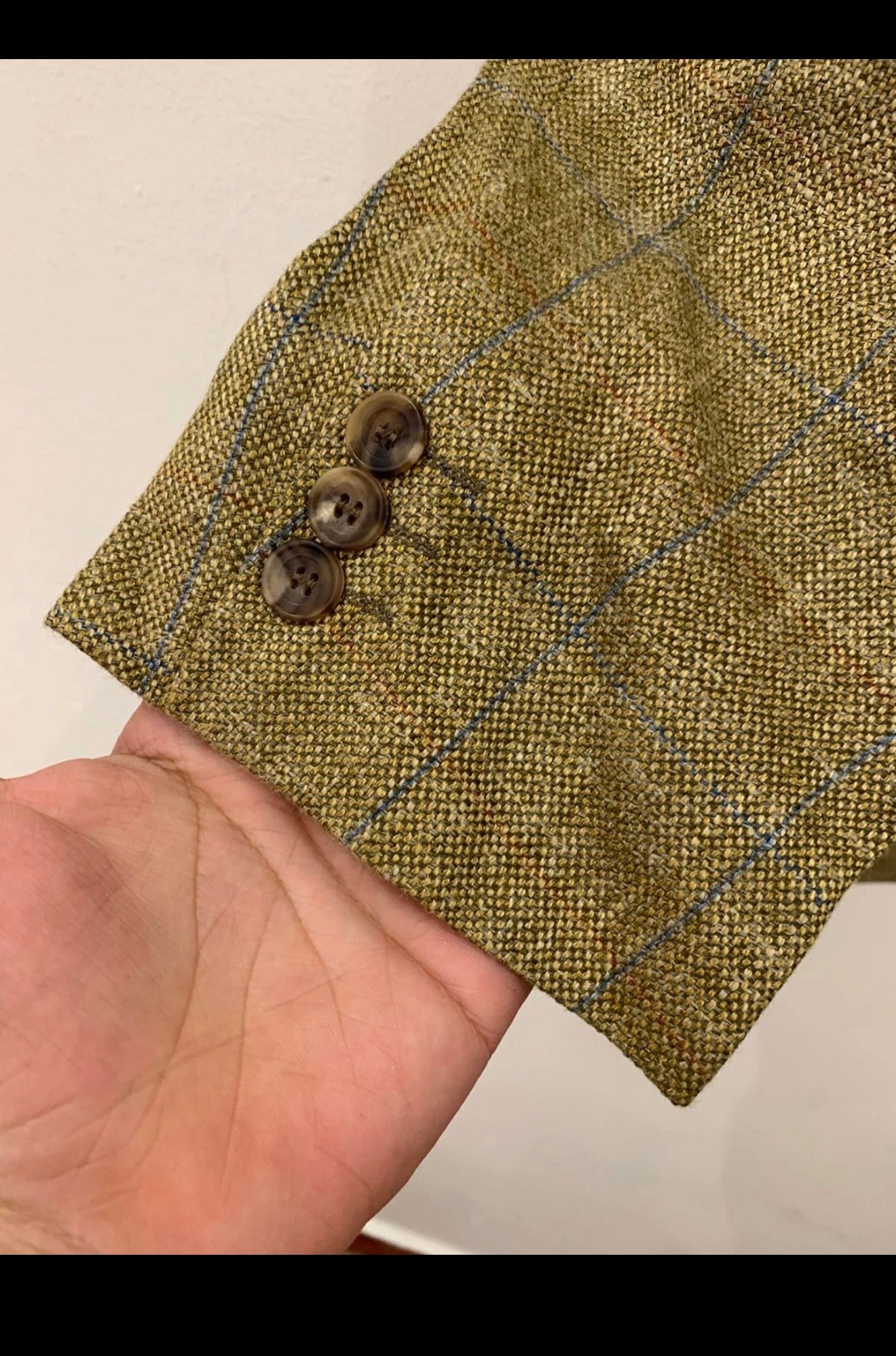 Vintage Silk Linen Wool cloth E. THOMAS windowpane classic jacket blazer 42R