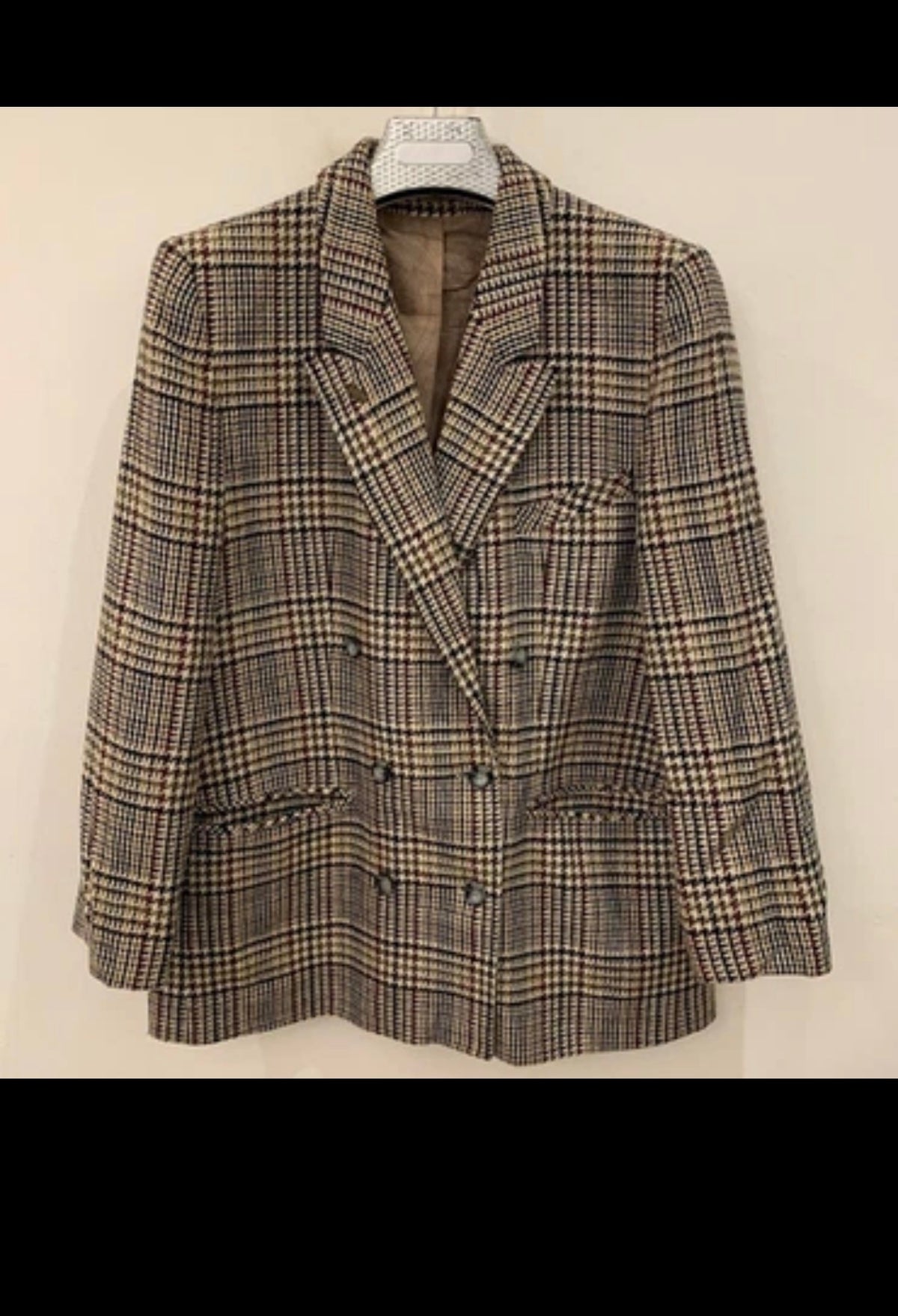 Vintage wool blend double breasted glen check brown jacket blazer 40 M 10