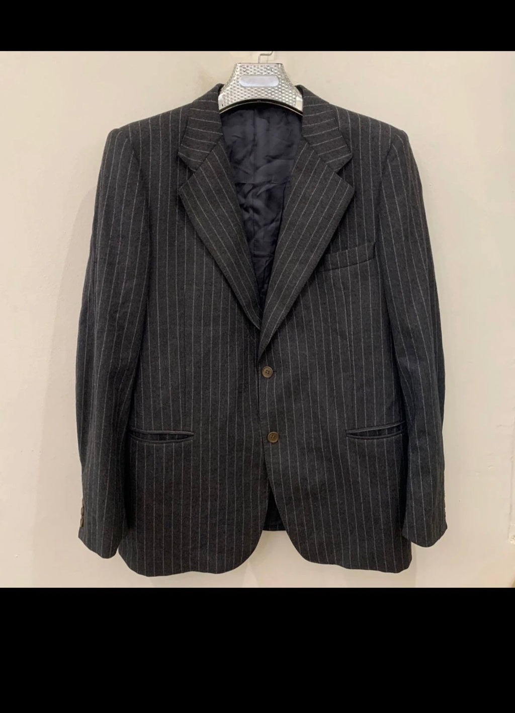 1970s vintage pure wool classic chalk stripe charcoal suit jacket blazer 40R 40L