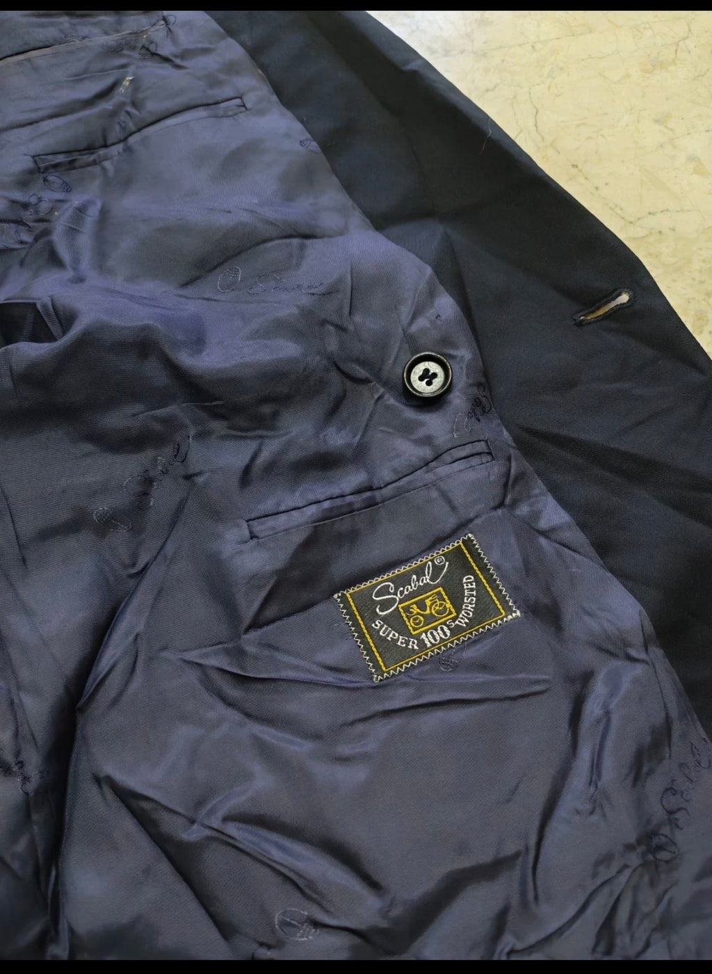 Vintage Scabal super 100s double breasted gold button navy jacket blazer 40R