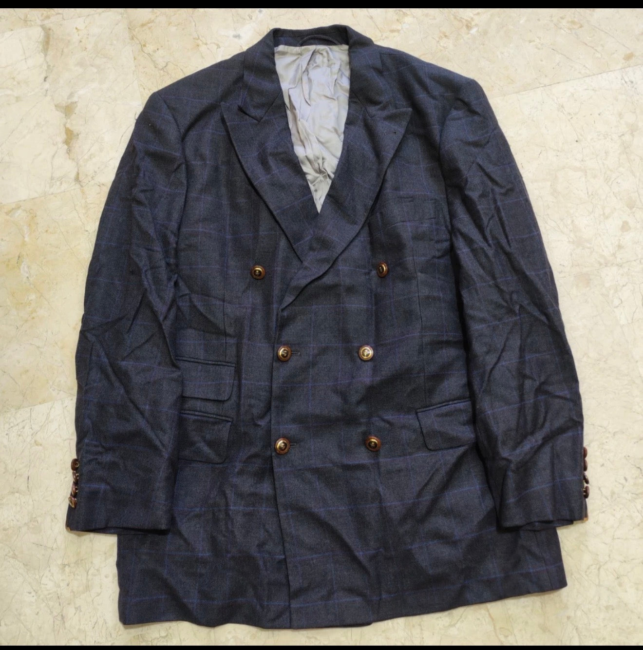 Vintage Super 120s wool double breasted gold button charcoal jacket blazer 42R