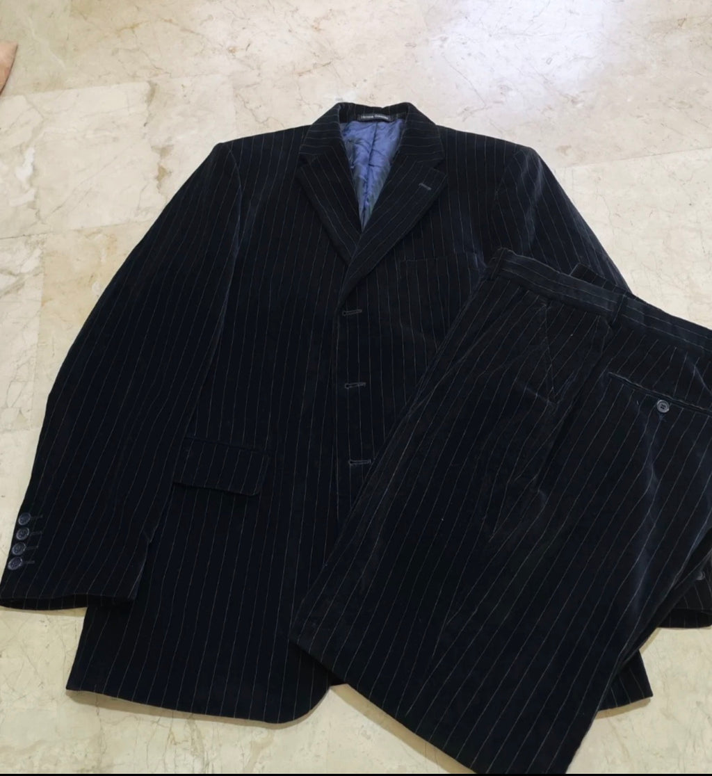 Vintage 100% cotton velvet classic chalk stripes black 3 button suit 40R