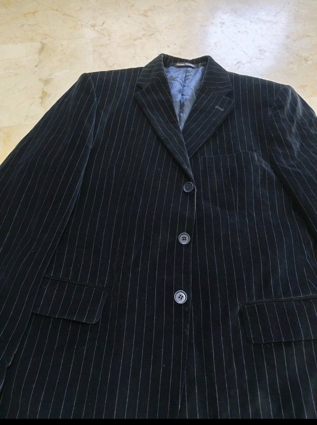 Vintage 100% cotton velvet classic chalk stripes black 3 button suit 40R