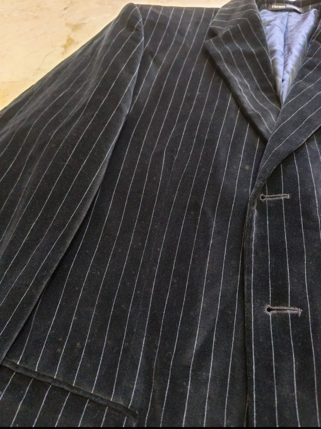 Vintage 100% cotton velvet classic chalk stripes black 3 button suit 40R