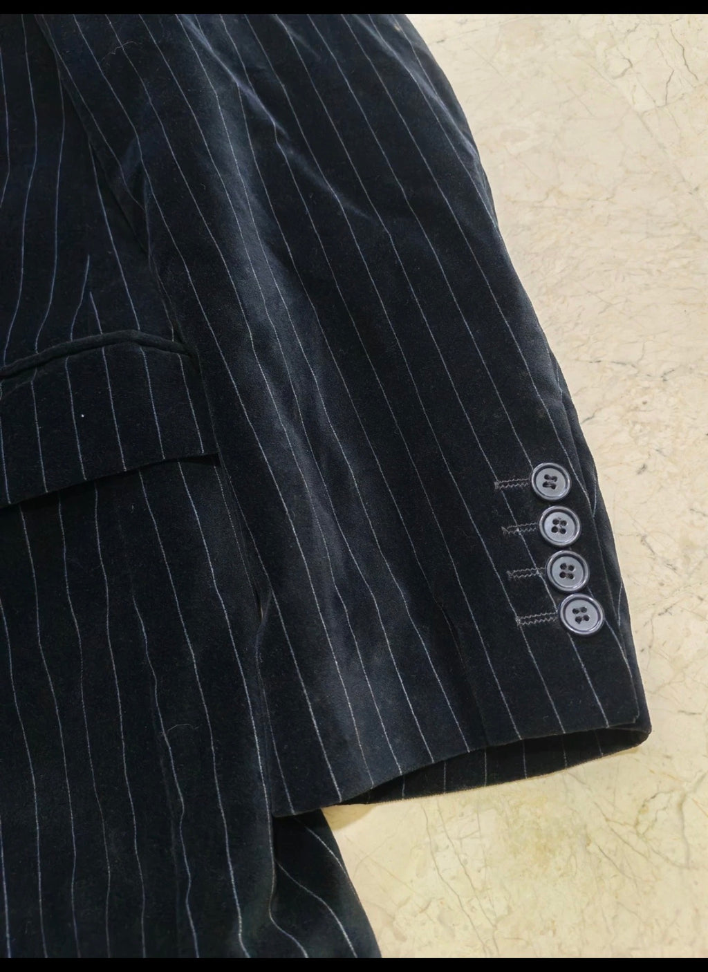 Vintage 100% cotton velvet classic chalk stripes black 3 button suit 40R