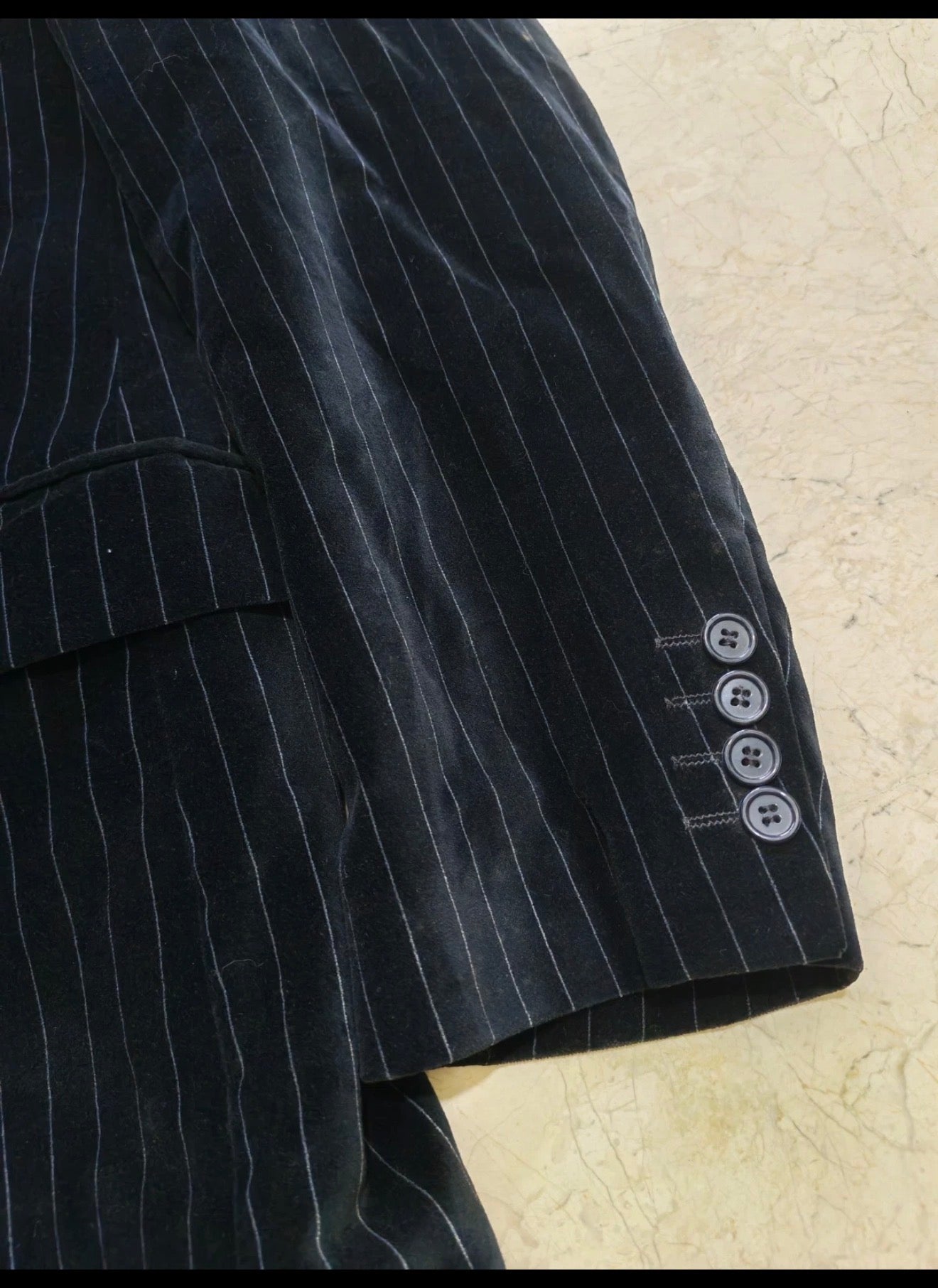 Vintage 100% cotton velvet classic chalk stripes black 3 button suit 40R