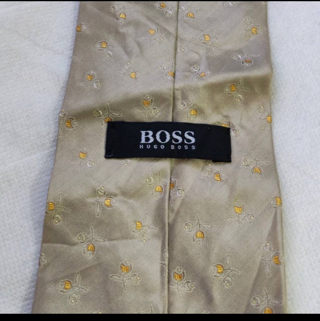 Vintage Hugo Boss classic 100% all silk luxury floral beige neck tie