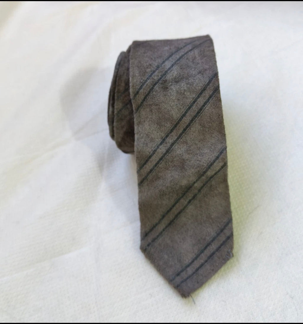 Vintage handmade classic Genuine Suede leather luxury gray skinny neck tie