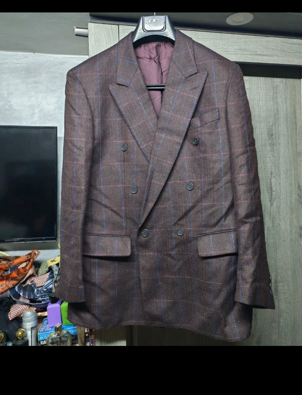 Vintage pure wool soft tweed burgundy plaid double breasted jacket blazer 40R