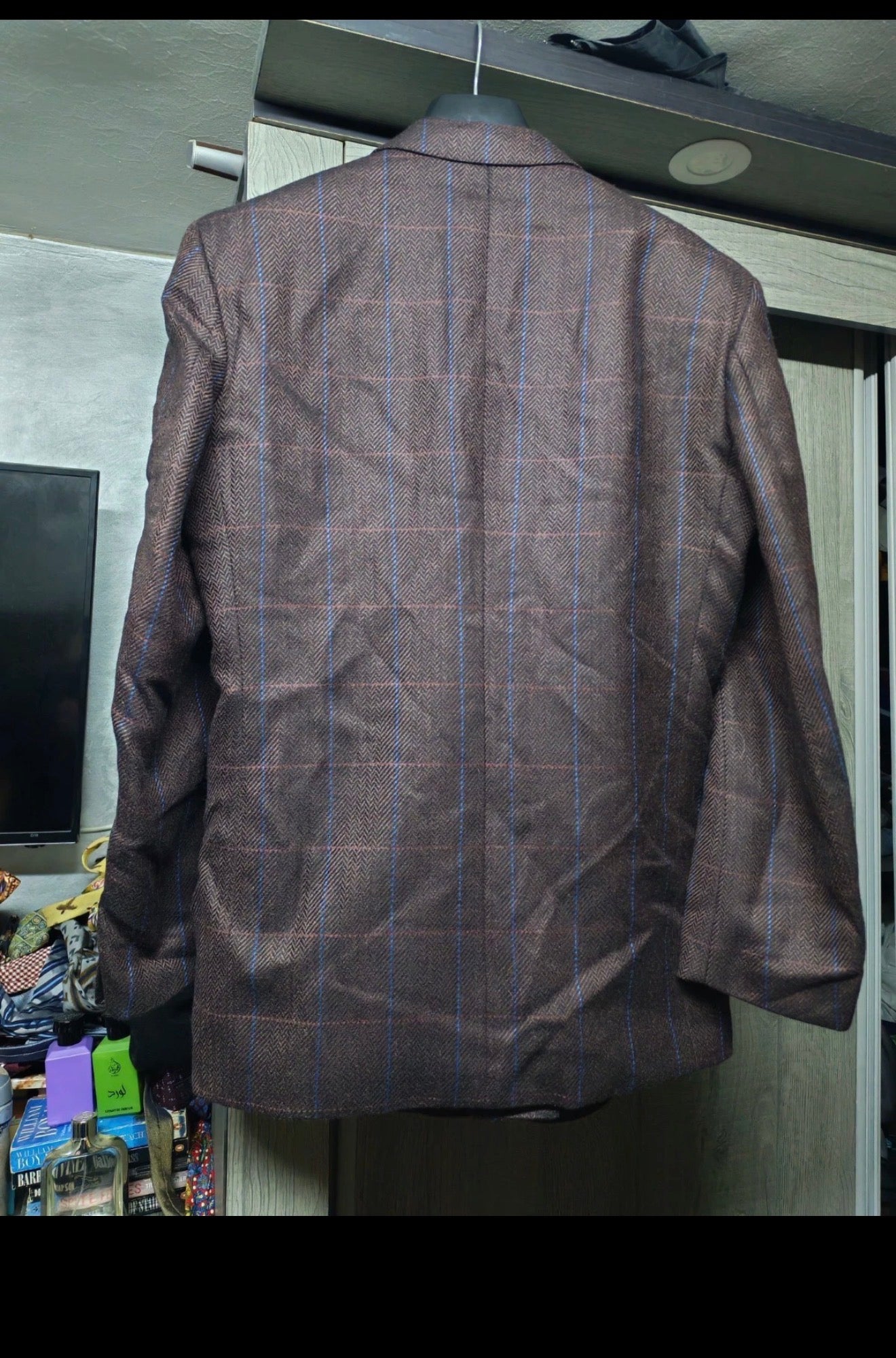 Vintage pure wool soft tweed burgundy plaid double breasted jacket blazer 40R