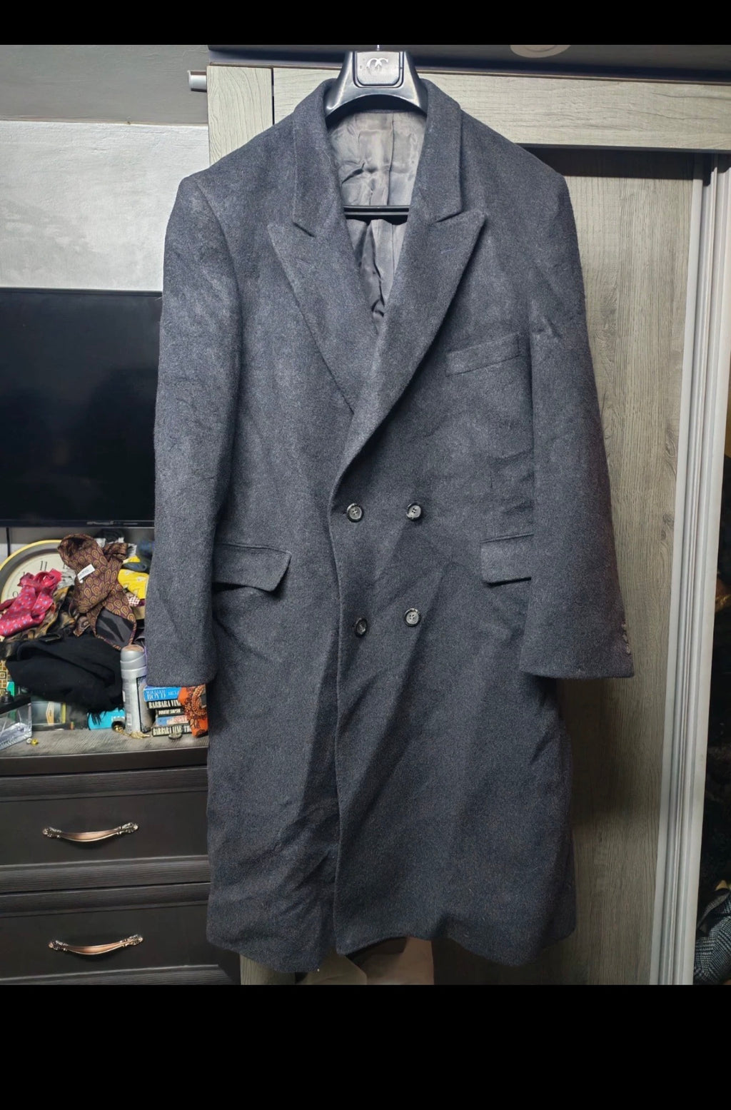 Vintage Christian Aujard Wool Cashmere blend db Charcoal over coat 46R 46L XL