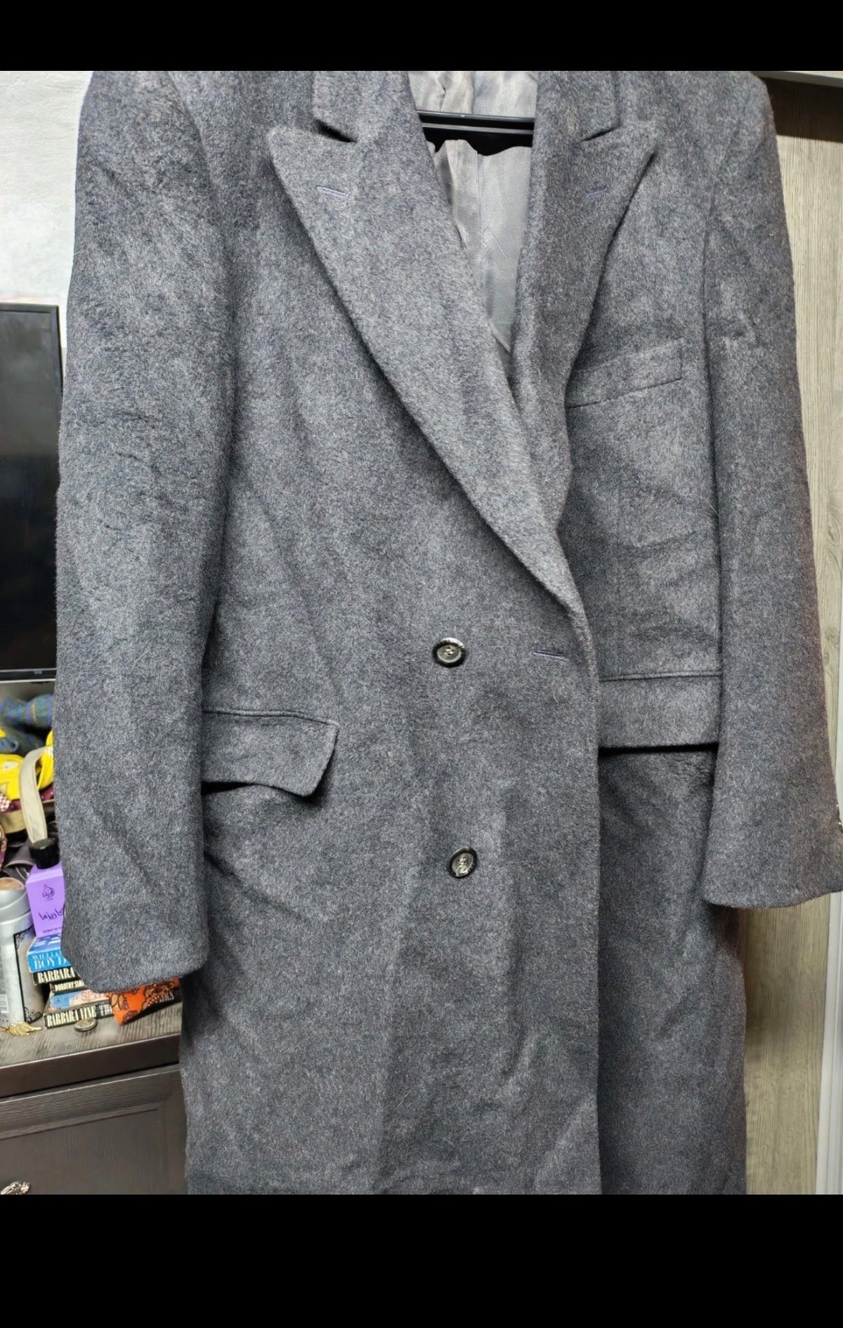 Vintage Christian Aujard Wool Cashmere blend db Charcoal over coat 46R 46L XL