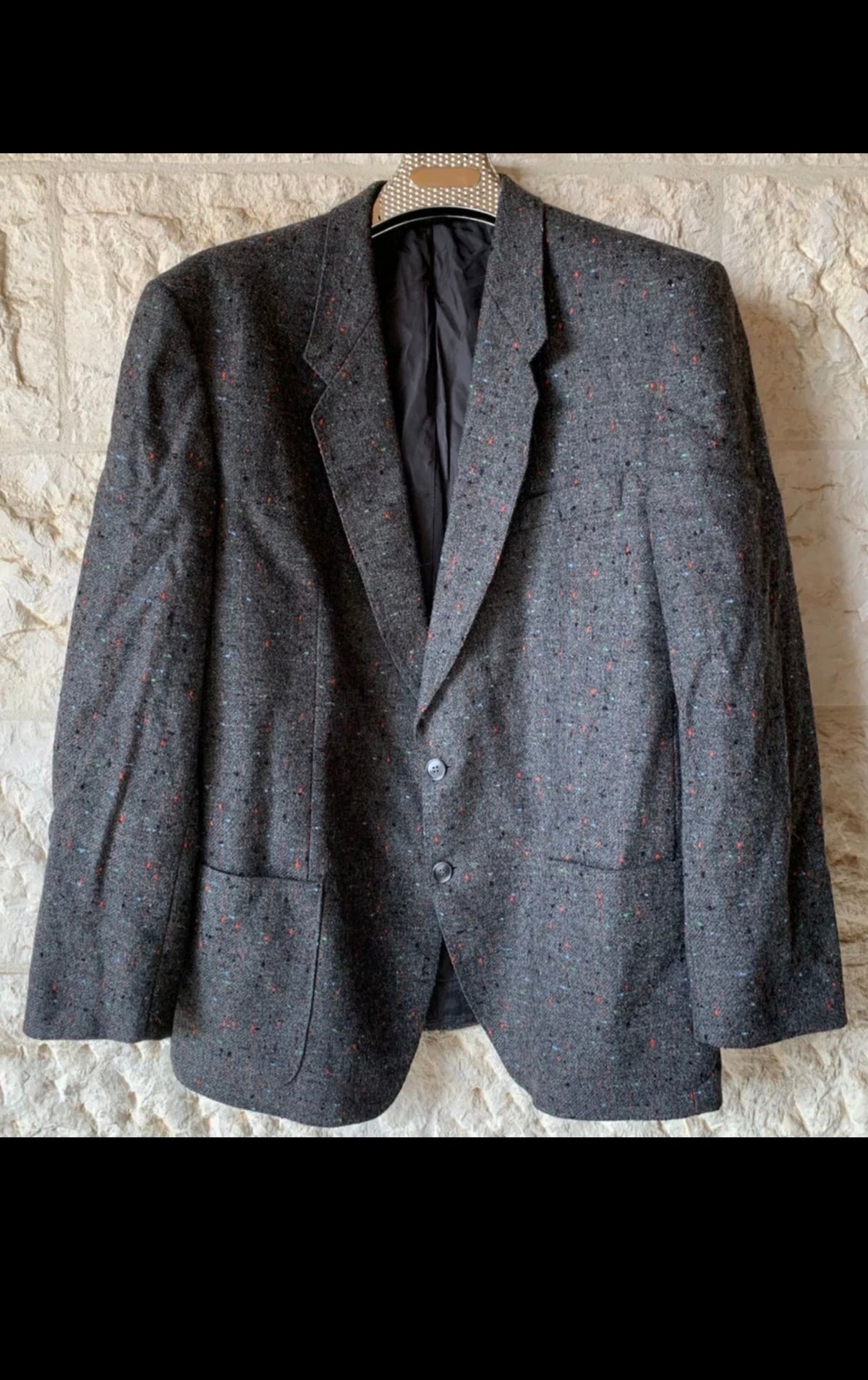 Vintage pure wool handwoven tweed charcoal hunting jacket blazer 46R 46L XL