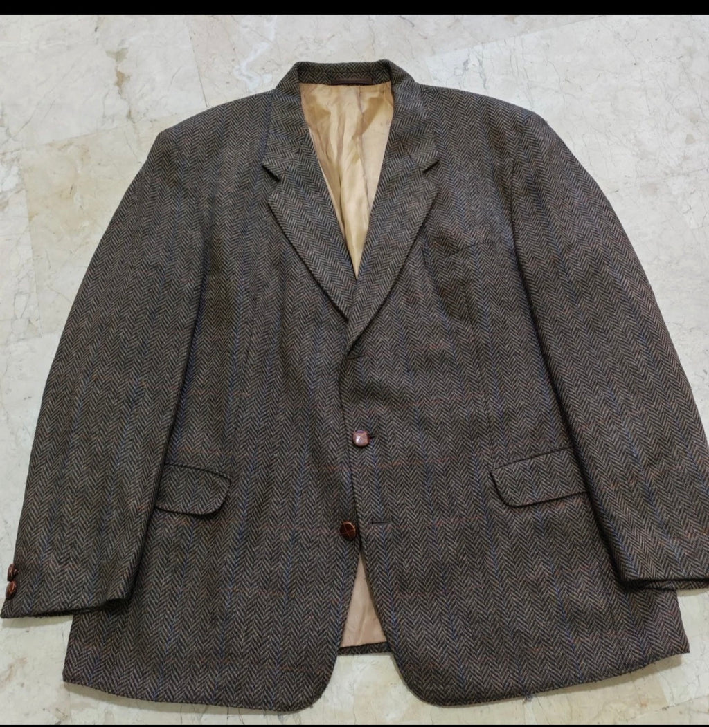Vintage pure wool tweed herringbone brown classic hunting jacket blazer 46R XL