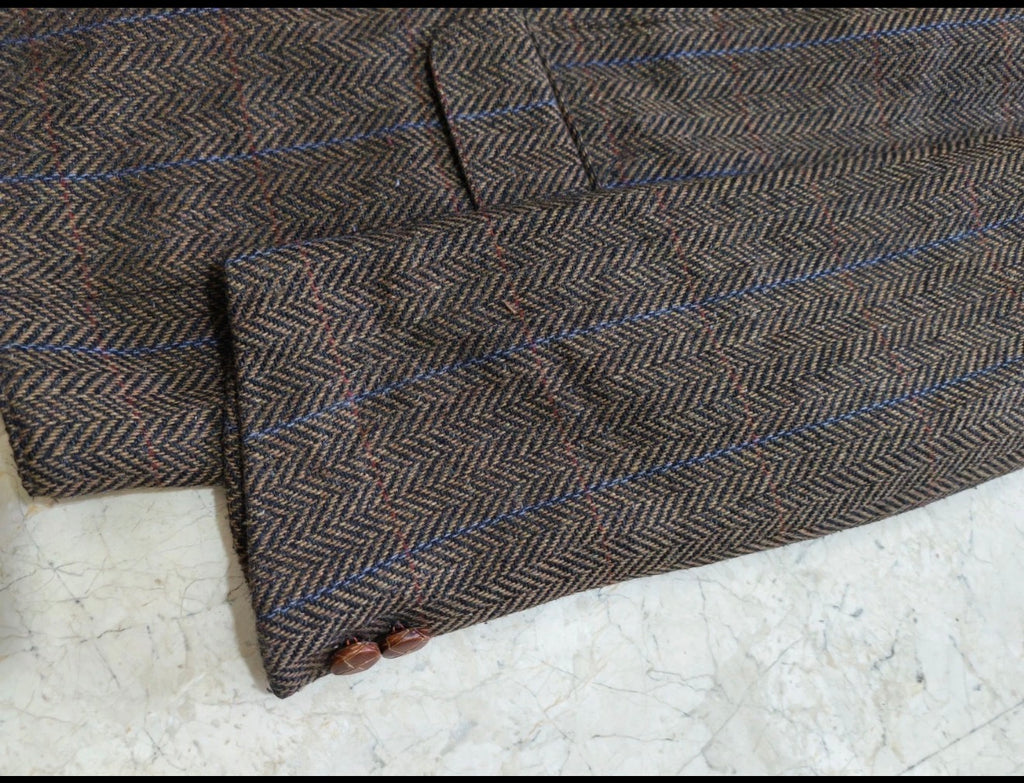 Vintage pure wool tweed herringbone brown classic hunting jacket blazer 46R XL