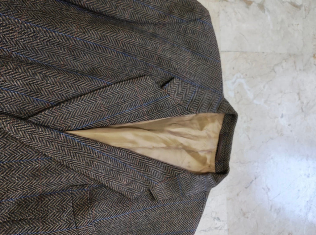 Vintage pure wool tweed herringbone brown classic hunting jacket blazer 46R XL