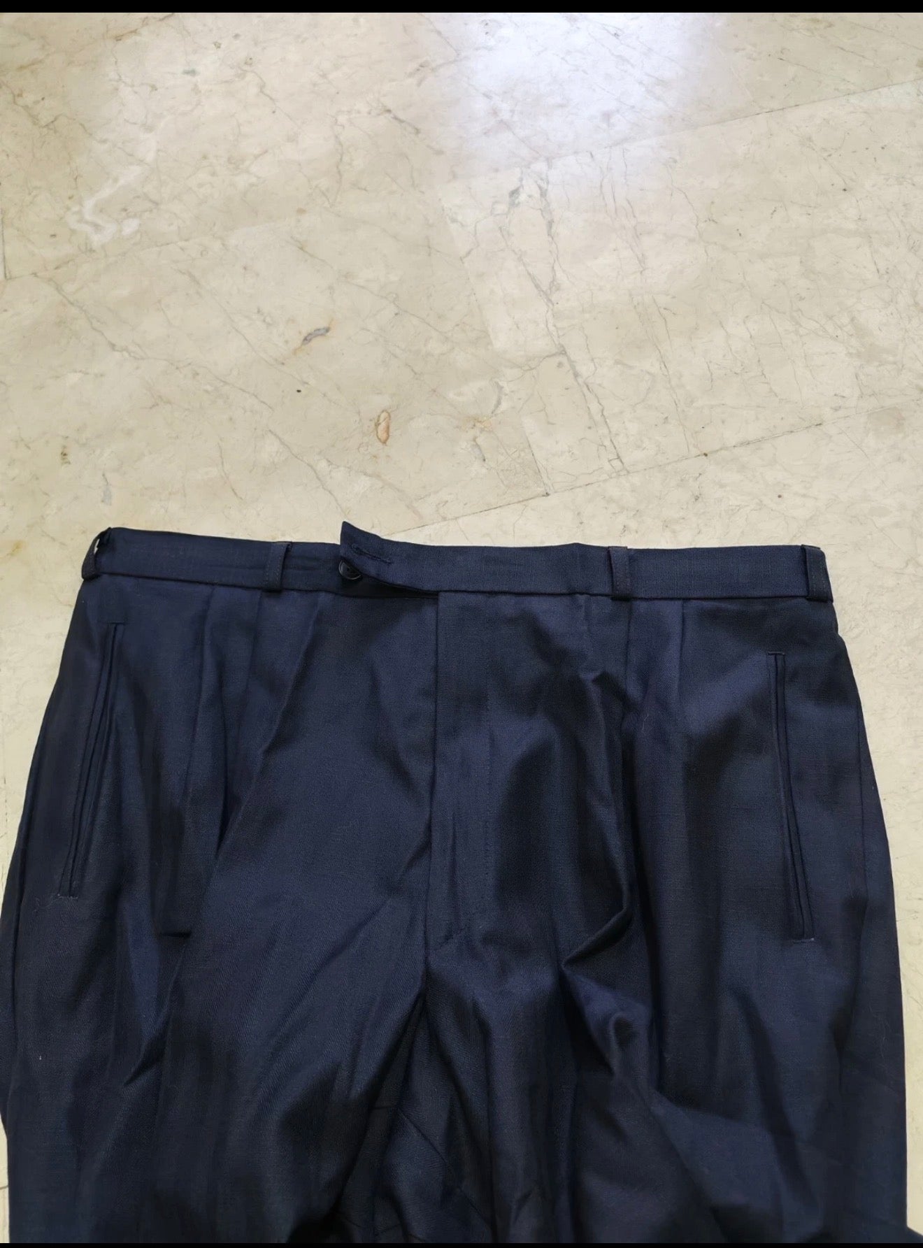 Vintage superfine pure wool double breasted classic navy striped suit 44R