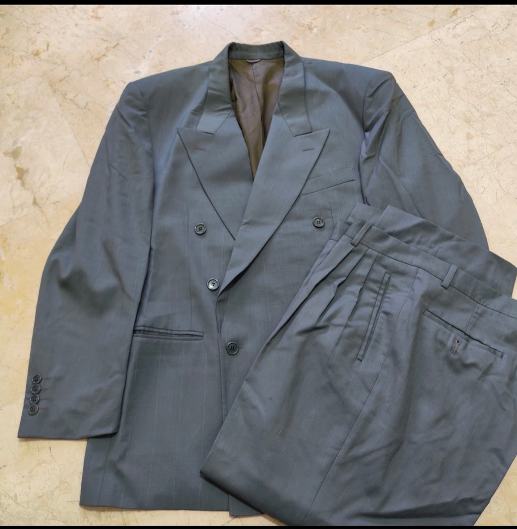 Vintage pure wool double breasted gangster greenish blue classic suit 42R