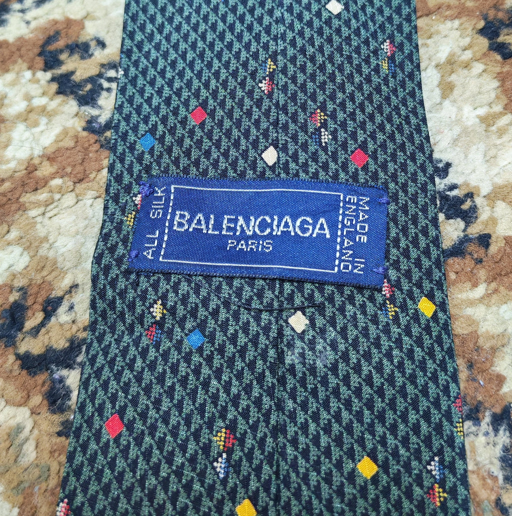 Vintage Balenciaga Paris classic 100% all silk luxury Geometric green neck tie