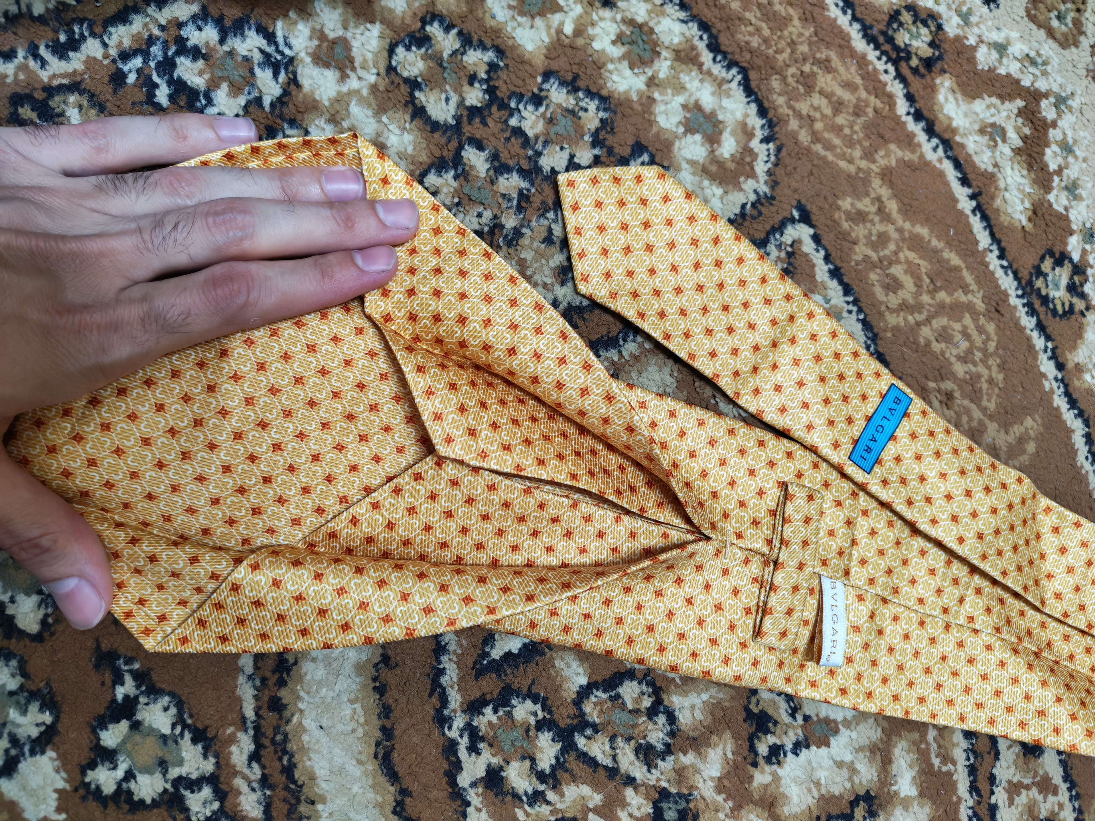 Vintage Bvlgari classic 100% all silk luxury Geometric orange neck tie