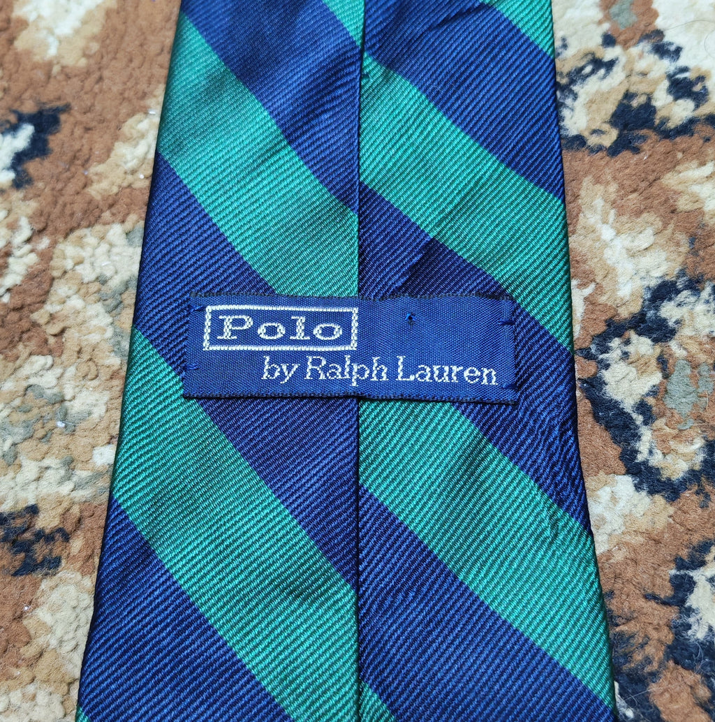 Vintage Polo Ralph Lauren 100% all silk luxury Navy Green awning neck tie