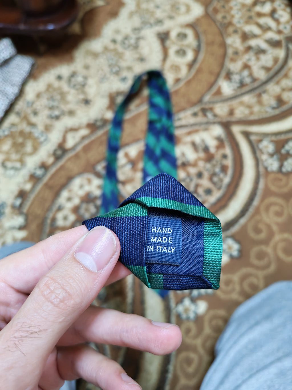 Vintage Polo Ralph Lauren 100% all silk luxury Navy Green awning neck tie