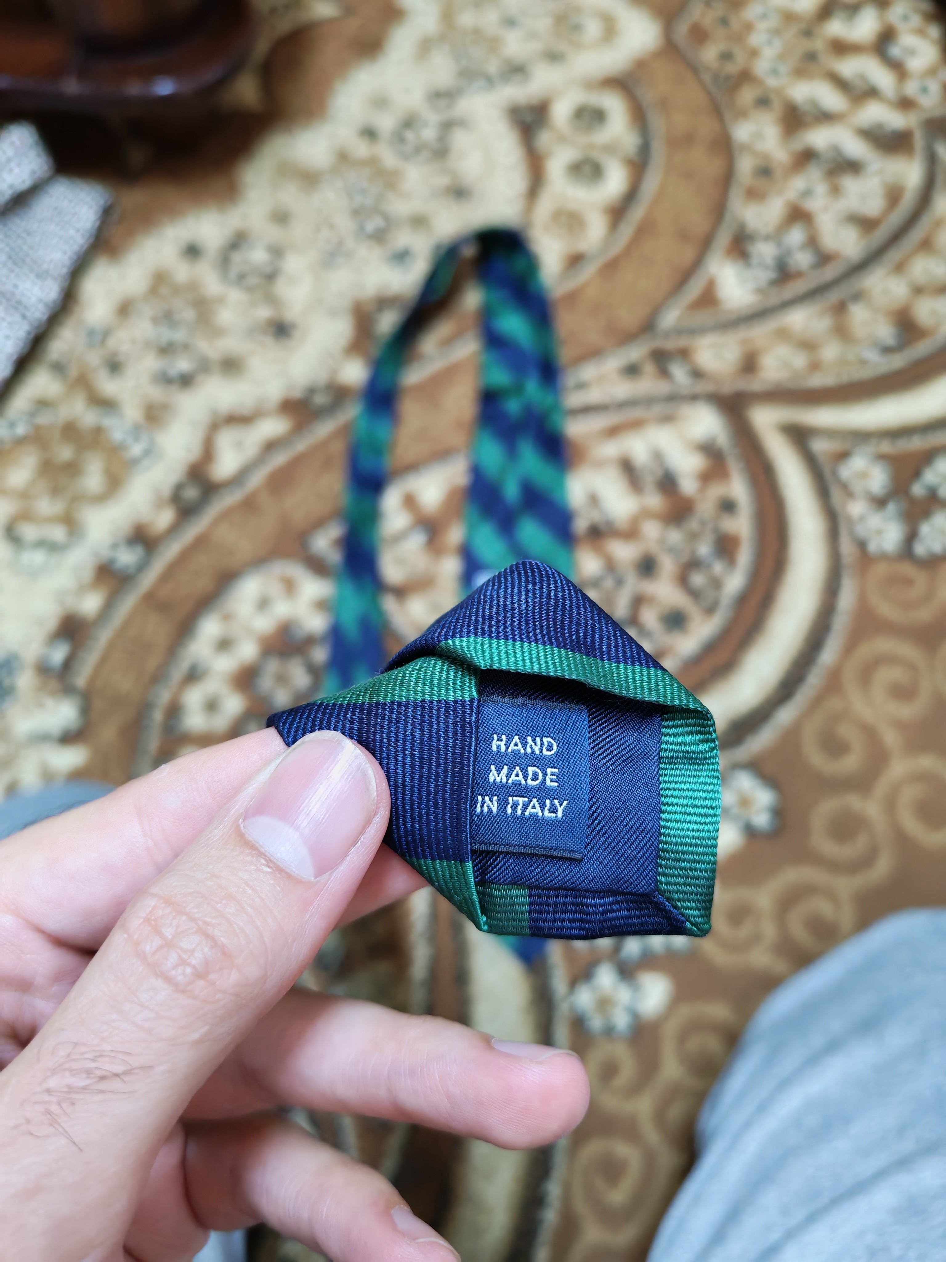 Vintage Polo Ralph Lauren 100% all silk luxury Navy Green awning neck tie