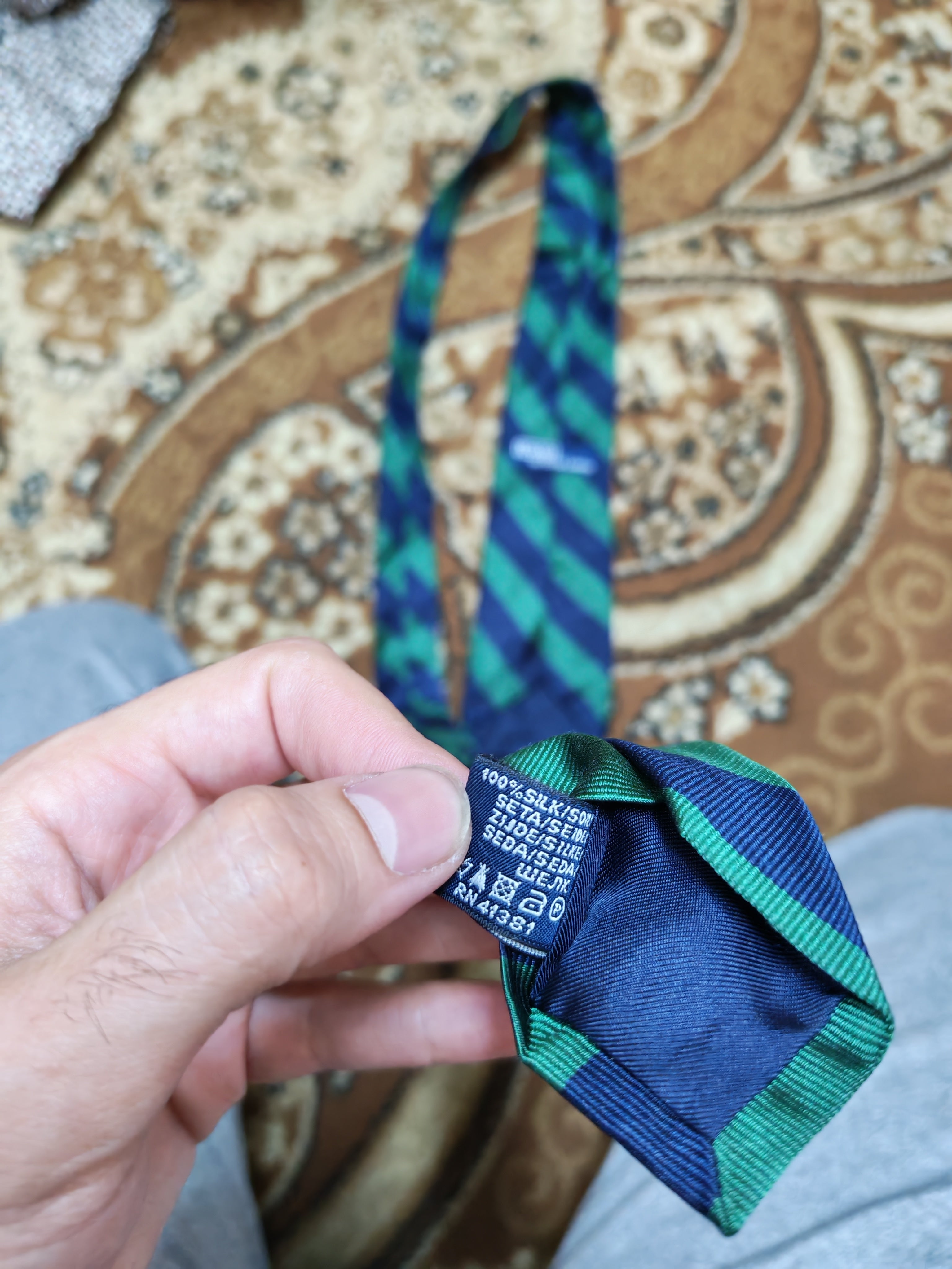 Vintage Polo Ralph Lauren 100% all silk luxury Navy Green awning neck tie