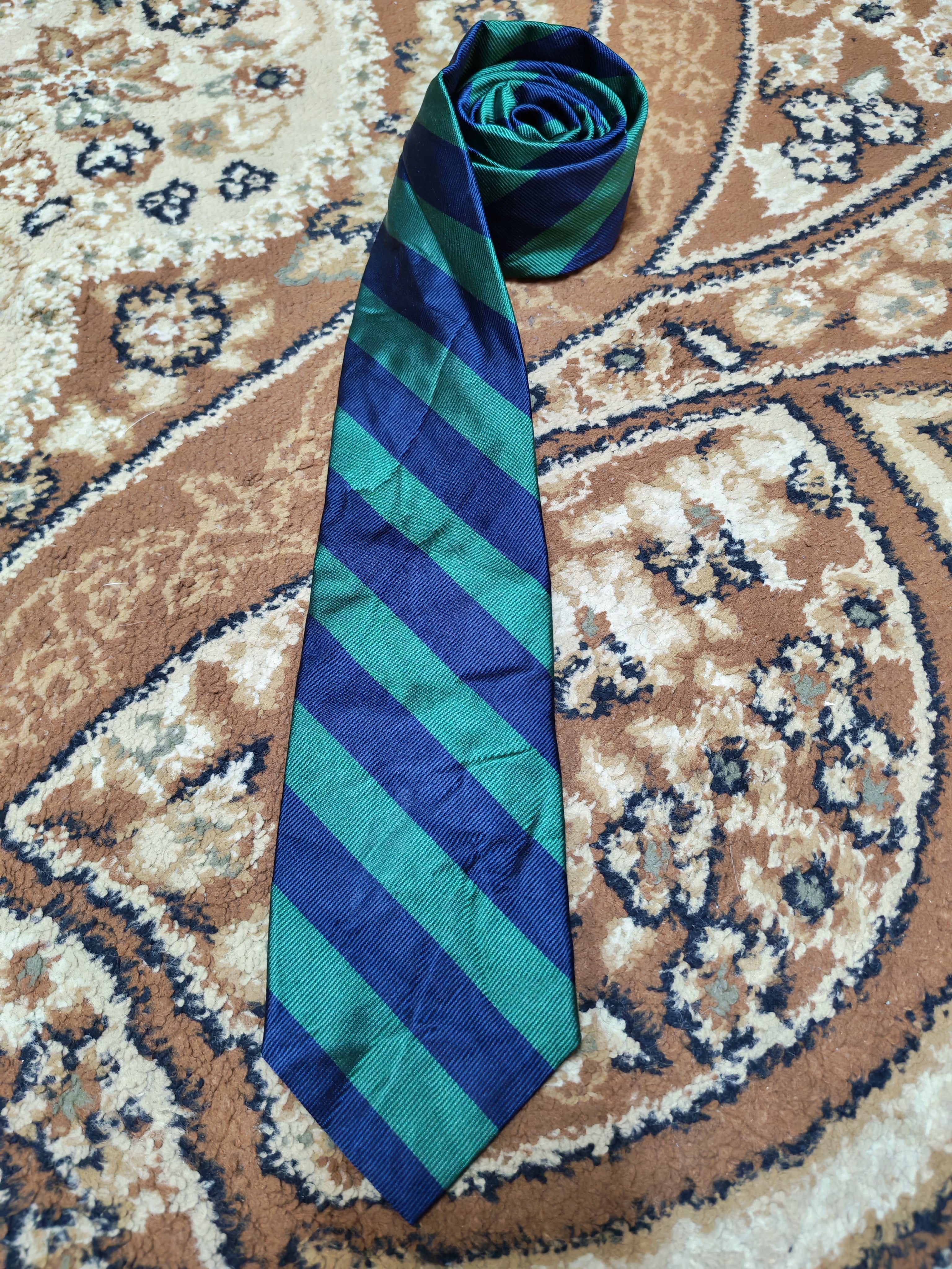 Vintage Polo Ralph Lauren 100% all silk luxury Navy Green awning neck tie