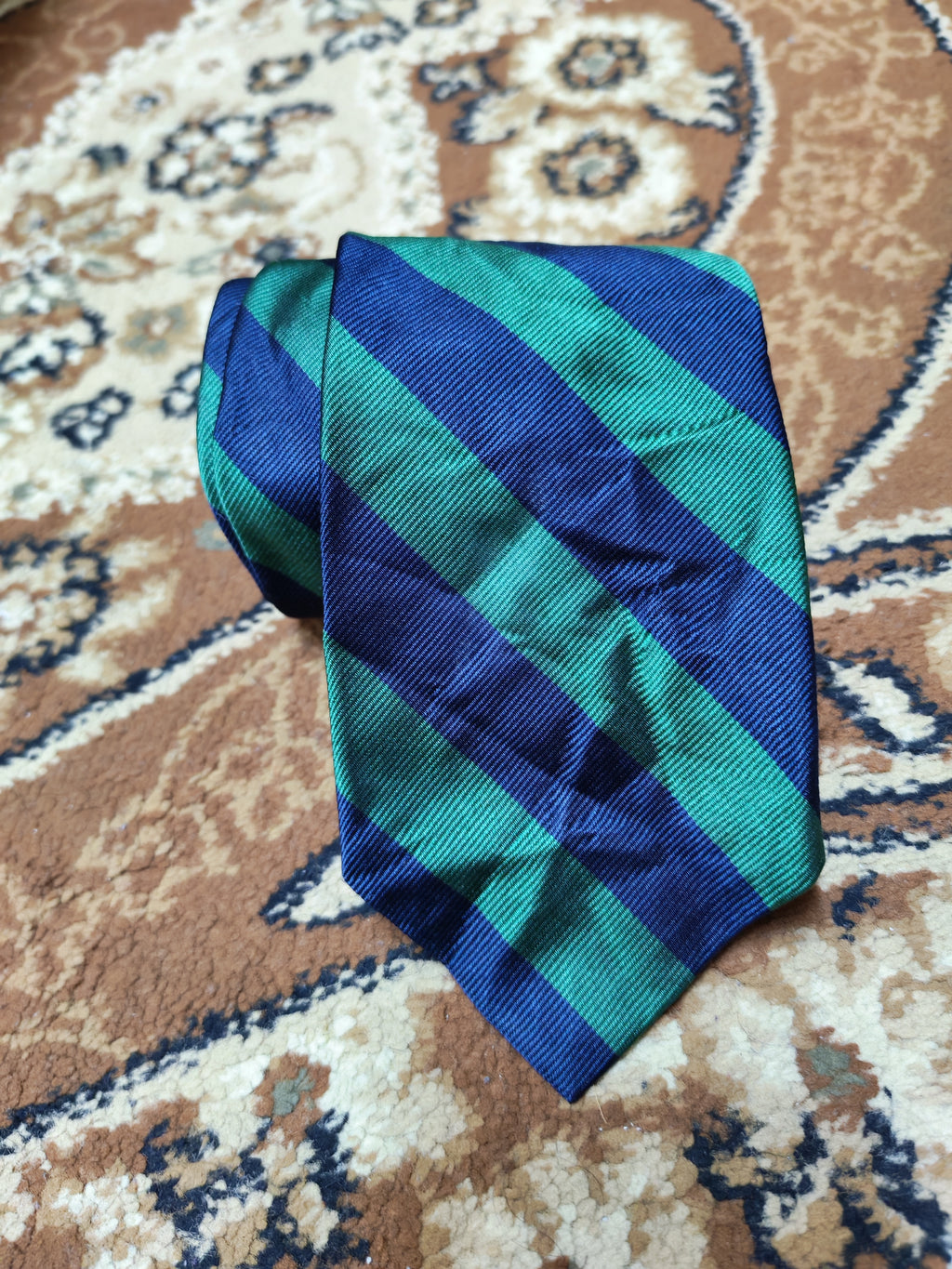 Vintage Polo Ralph Lauren 100% all silk luxury Navy Green awning neck tie