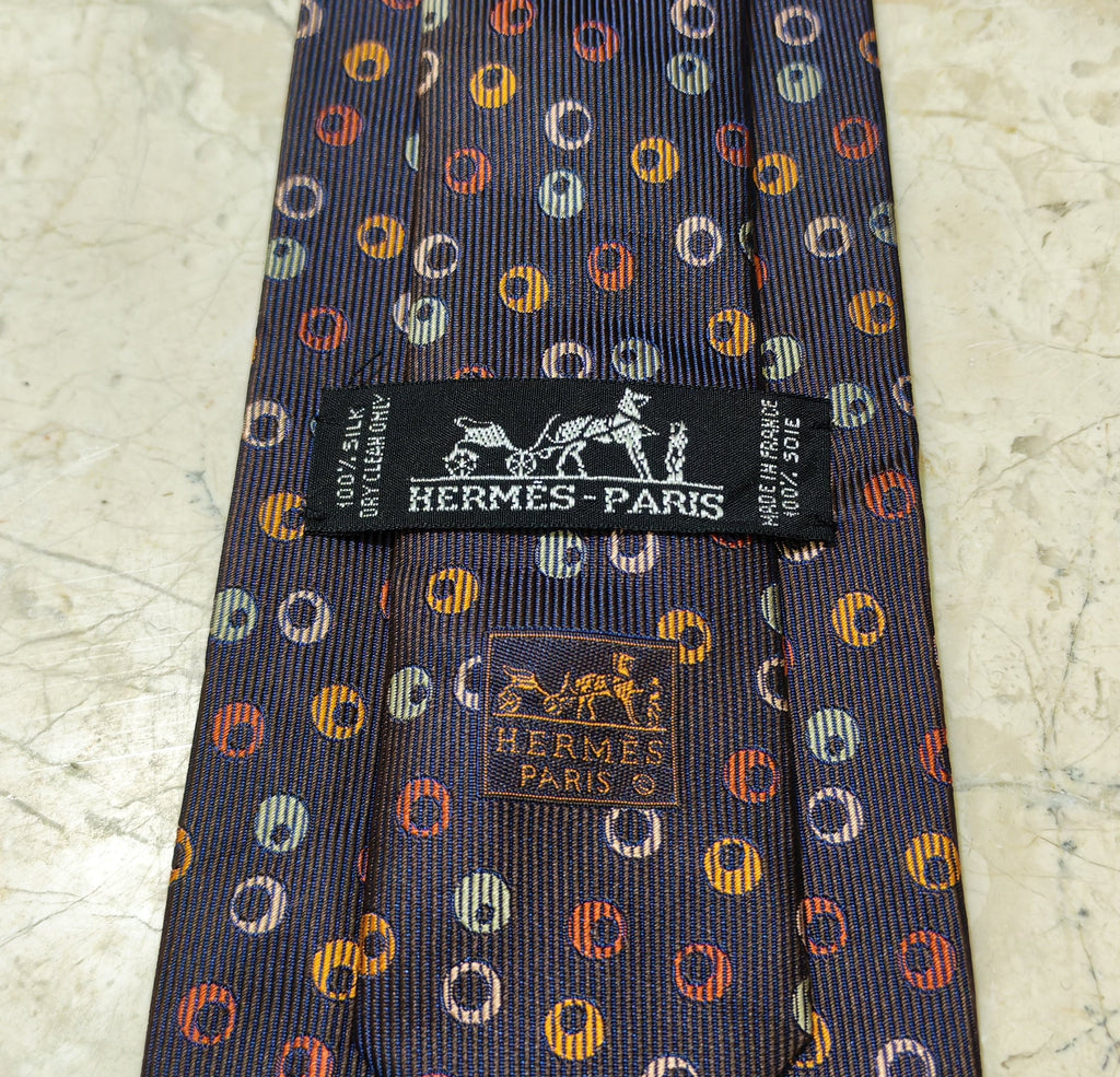 Vintage Hermes Paris classic 100% all silk luxury motif brown Polka dots necktie