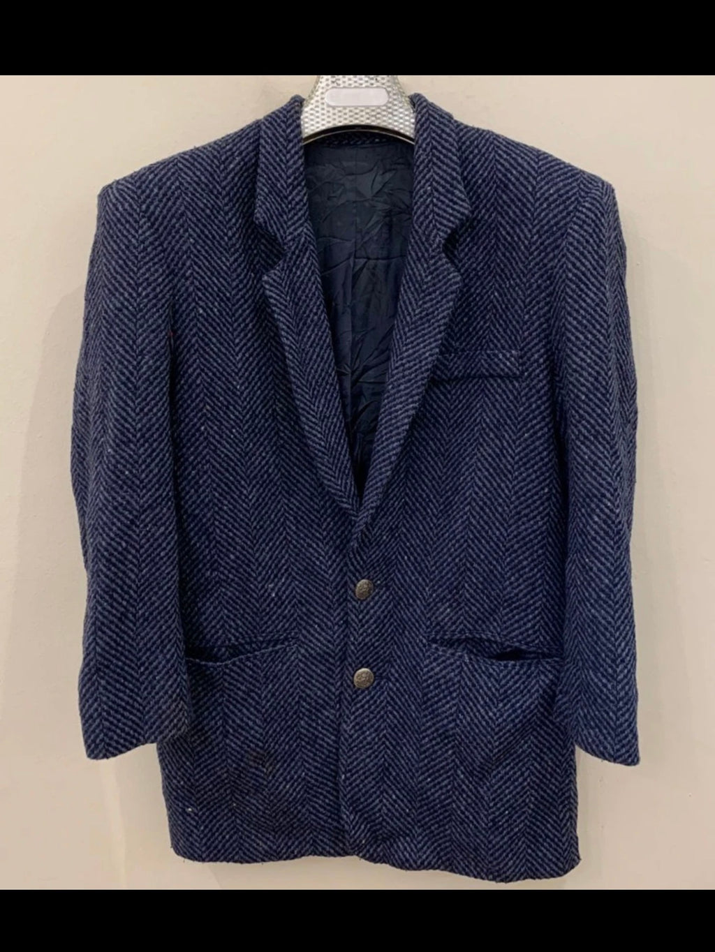 Vintage herringbone Wool Silk blend tweed classic blue hunting jacket blazer 40S